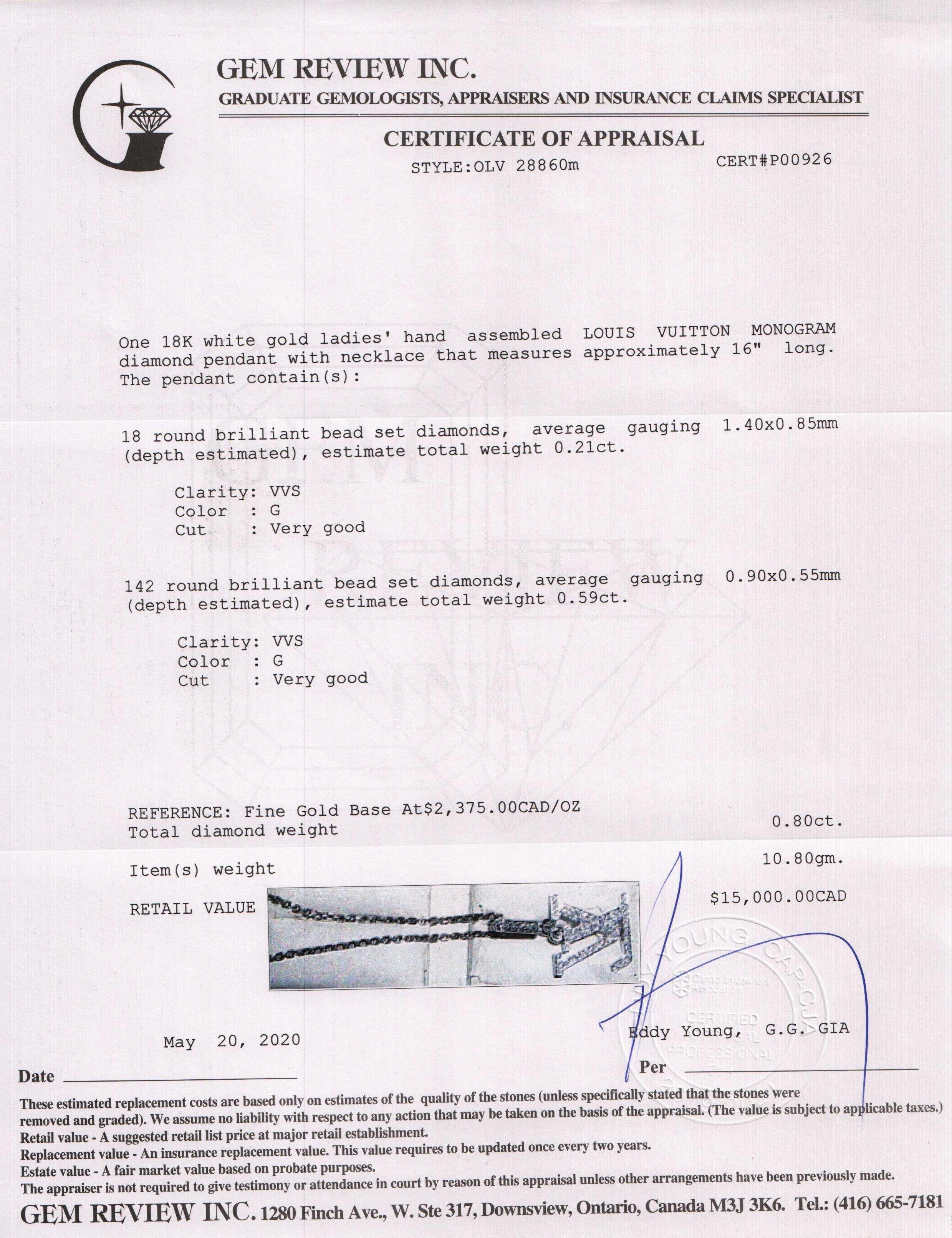 Louis Vuitton 18k White Gold Diamond Monogram Pendant Necklace w/ Box