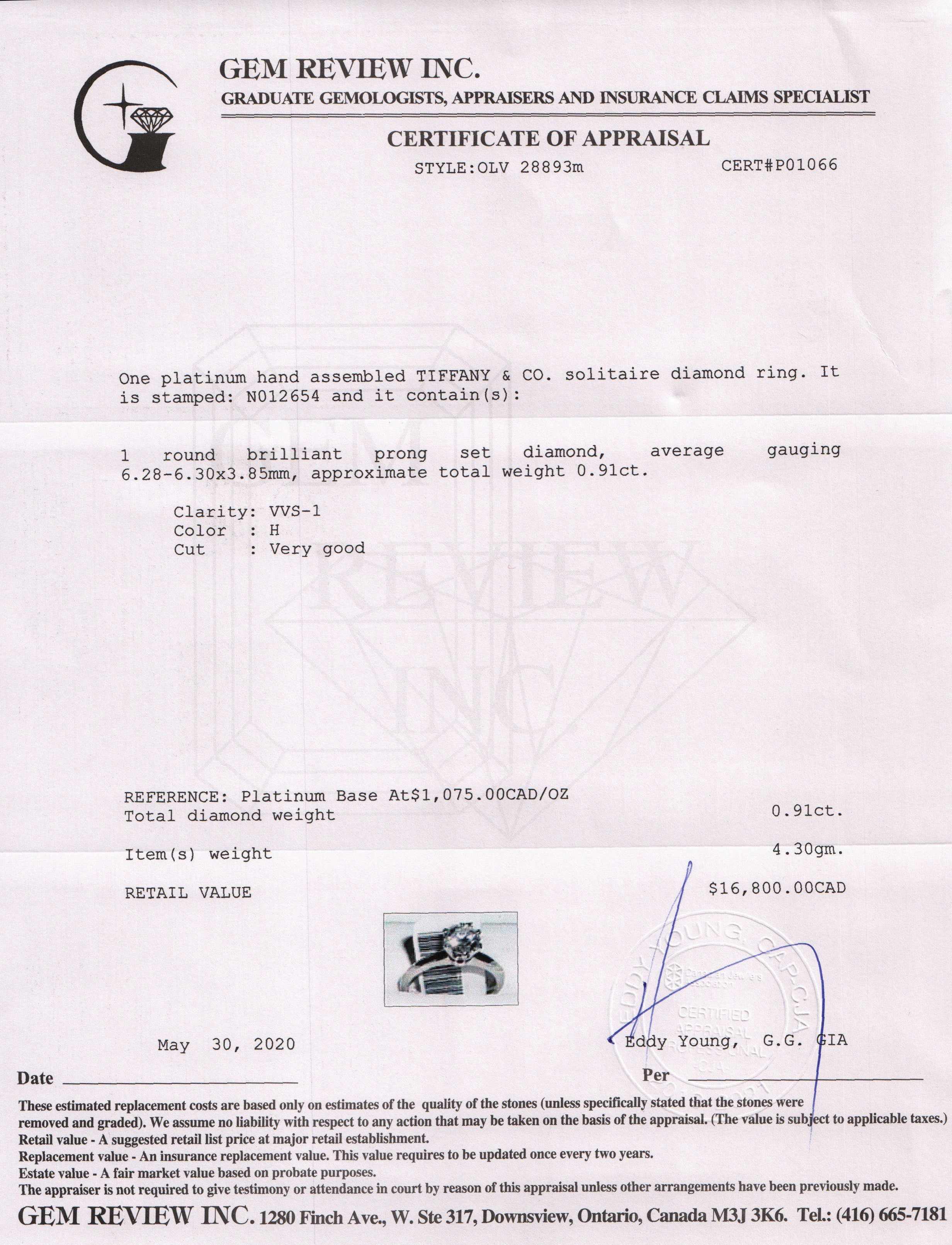 Tiffany & Co. Solitaire 0.91 ct. Round Diamond Engagement Ring