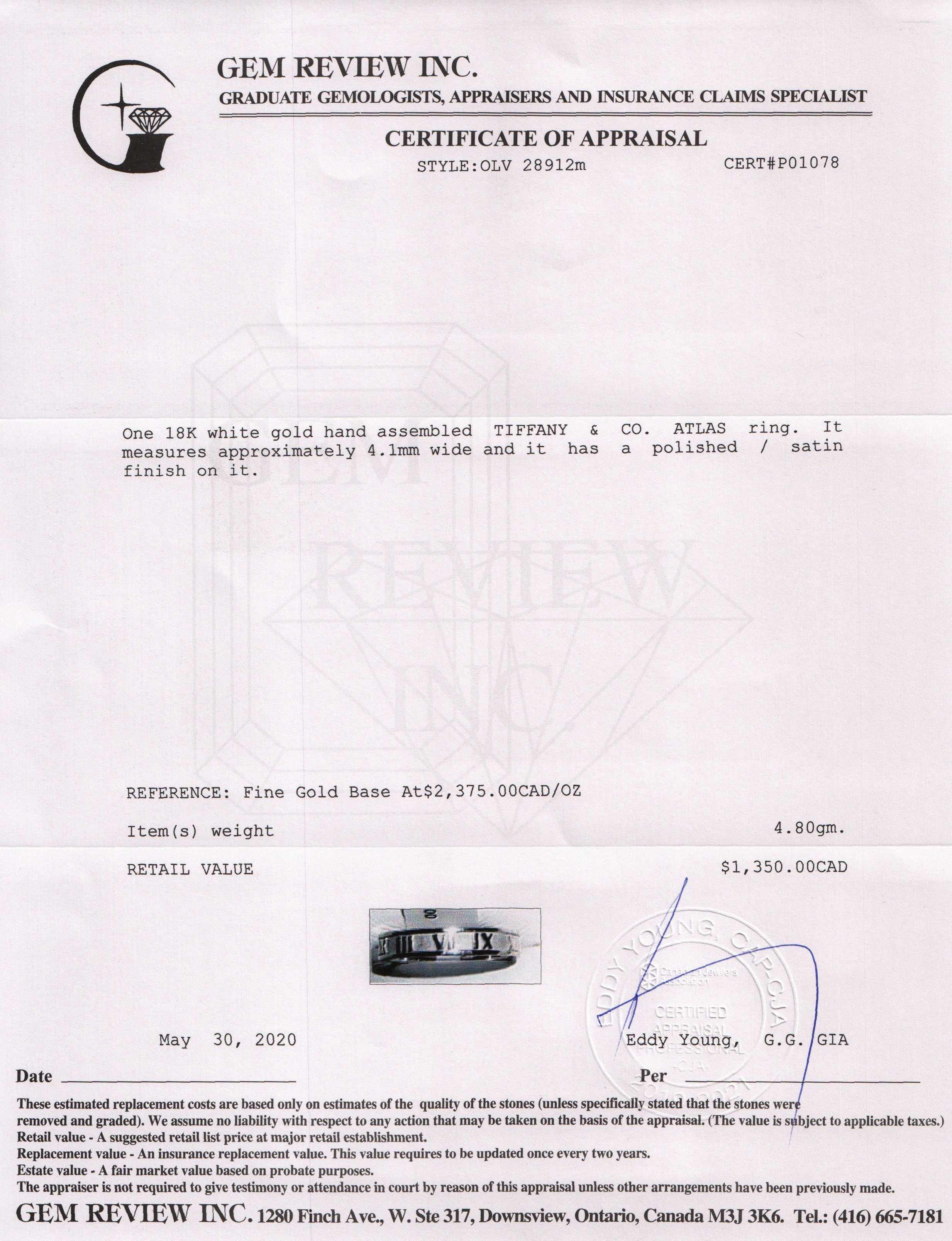 Tiffany & Co. 18k White Gold Atlas Narrow Band Ring