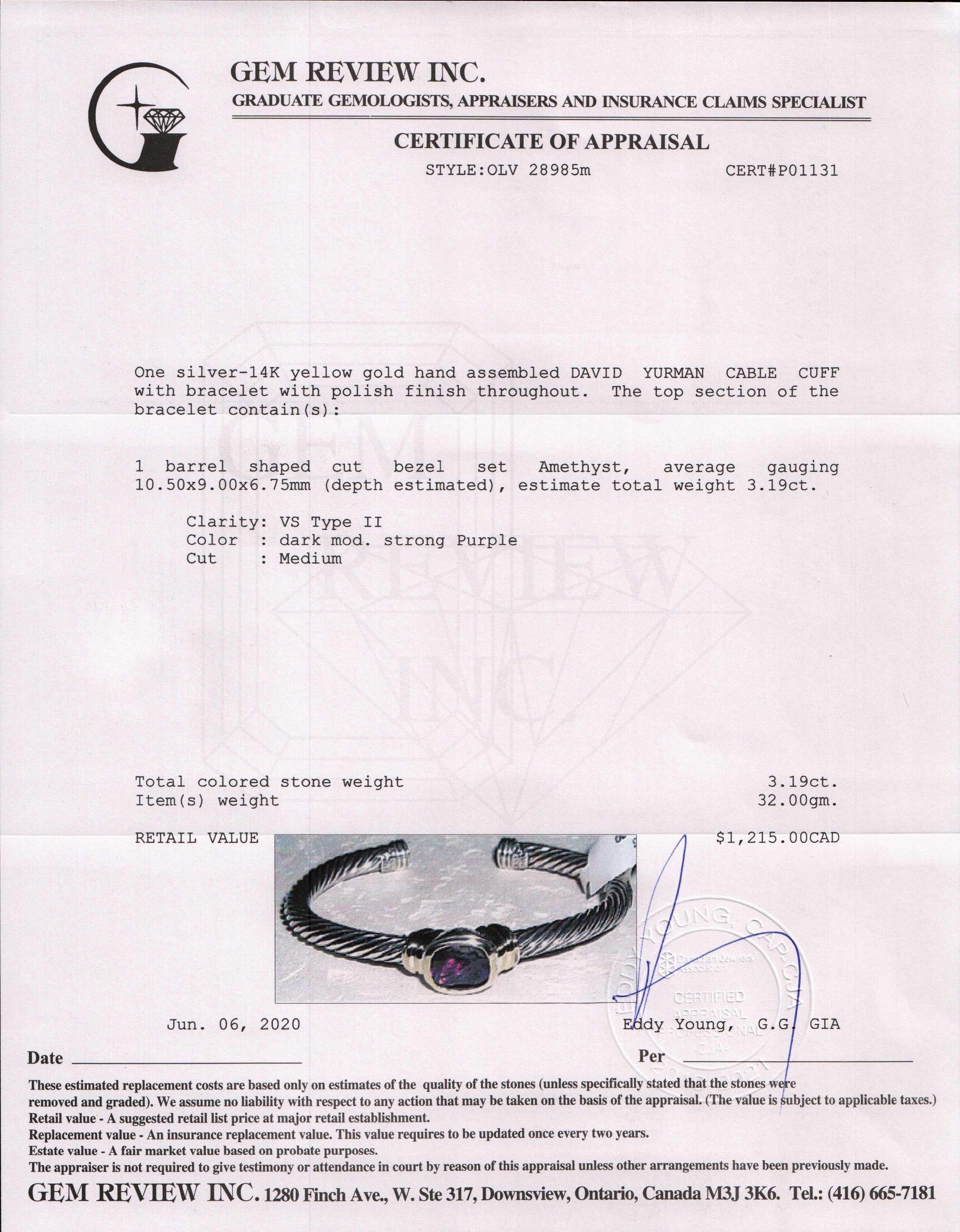 David Yurman Two-Tone Noblesse Amethyst Albion Cable Cuff