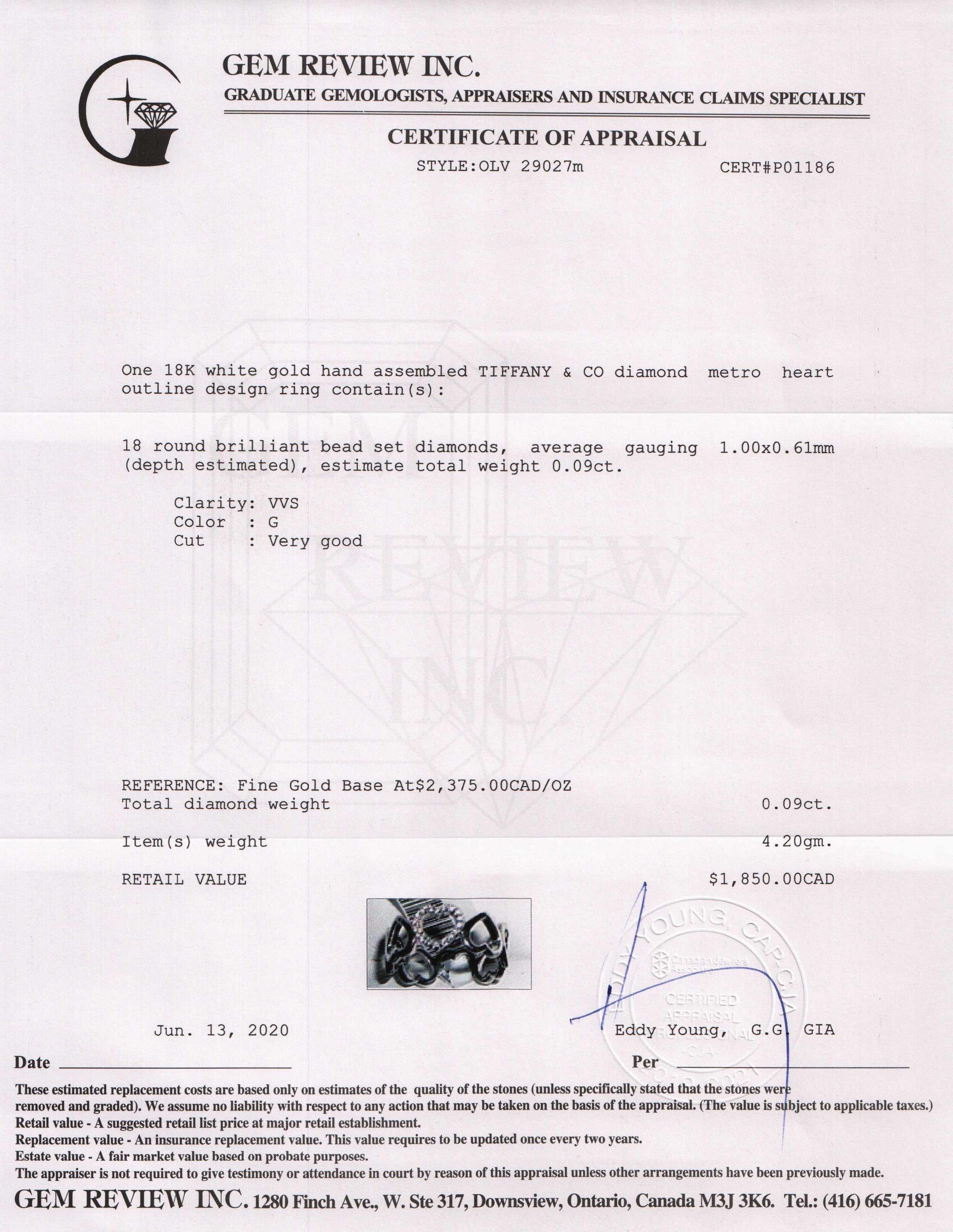 Tiffany & Co. 18k White Gold and Diamond Metro Open Heart Ring