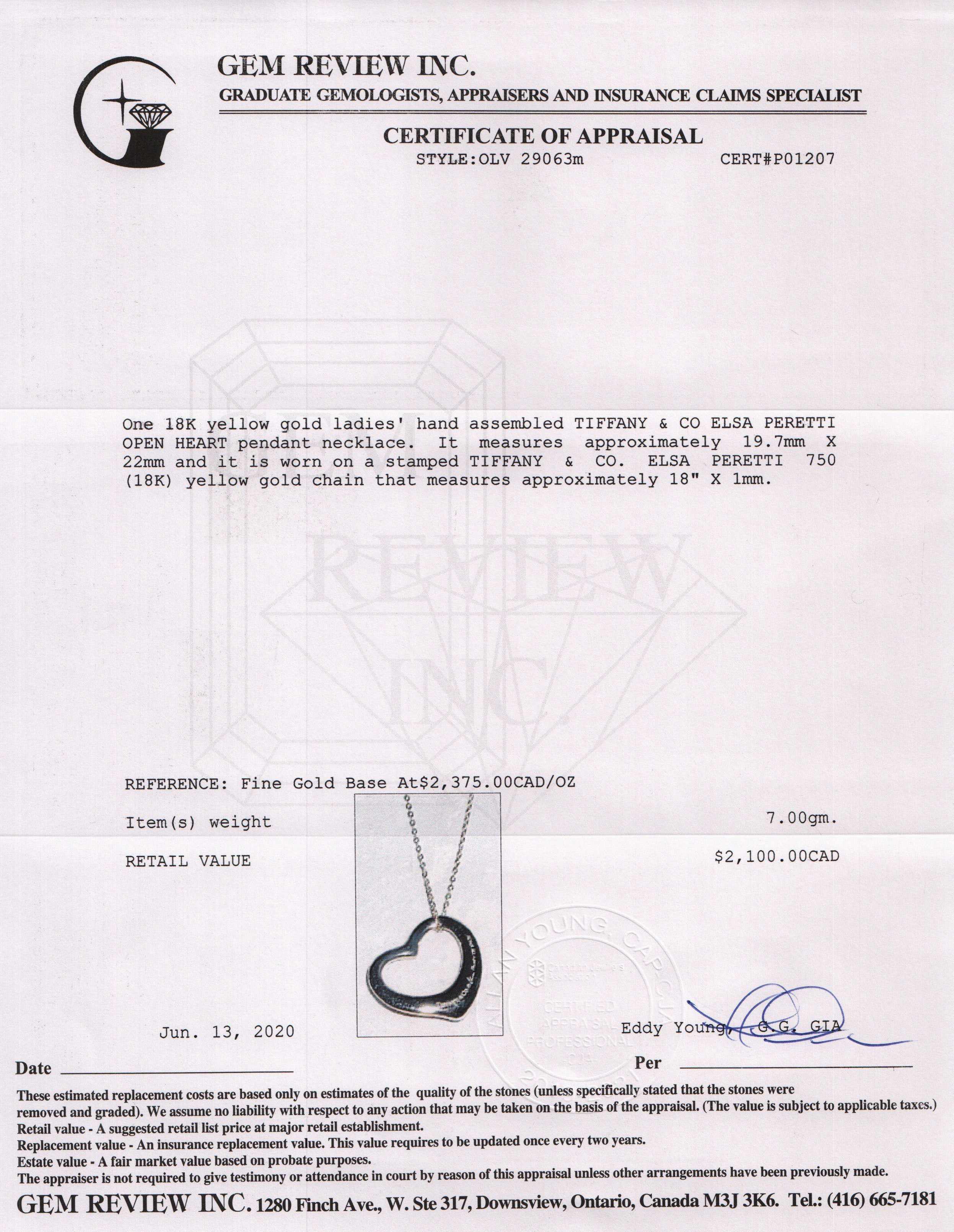 Tiffany & Co. 18k Gold Elsa Peretti Open Heart Pendant Necklace