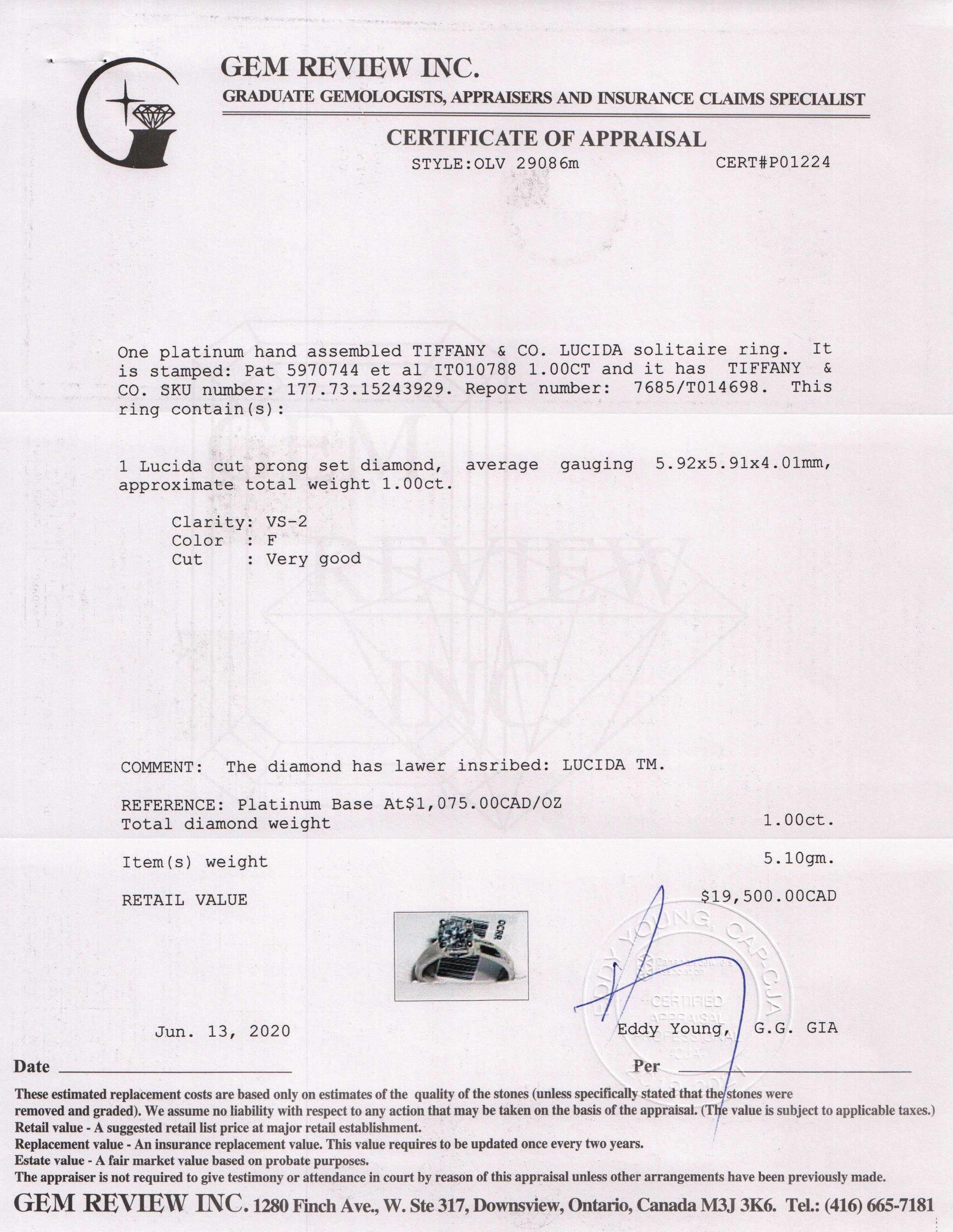 Tiffany & Co. Solitaire 1.00 ct. Lucida Cut Diamond Engagement Ring