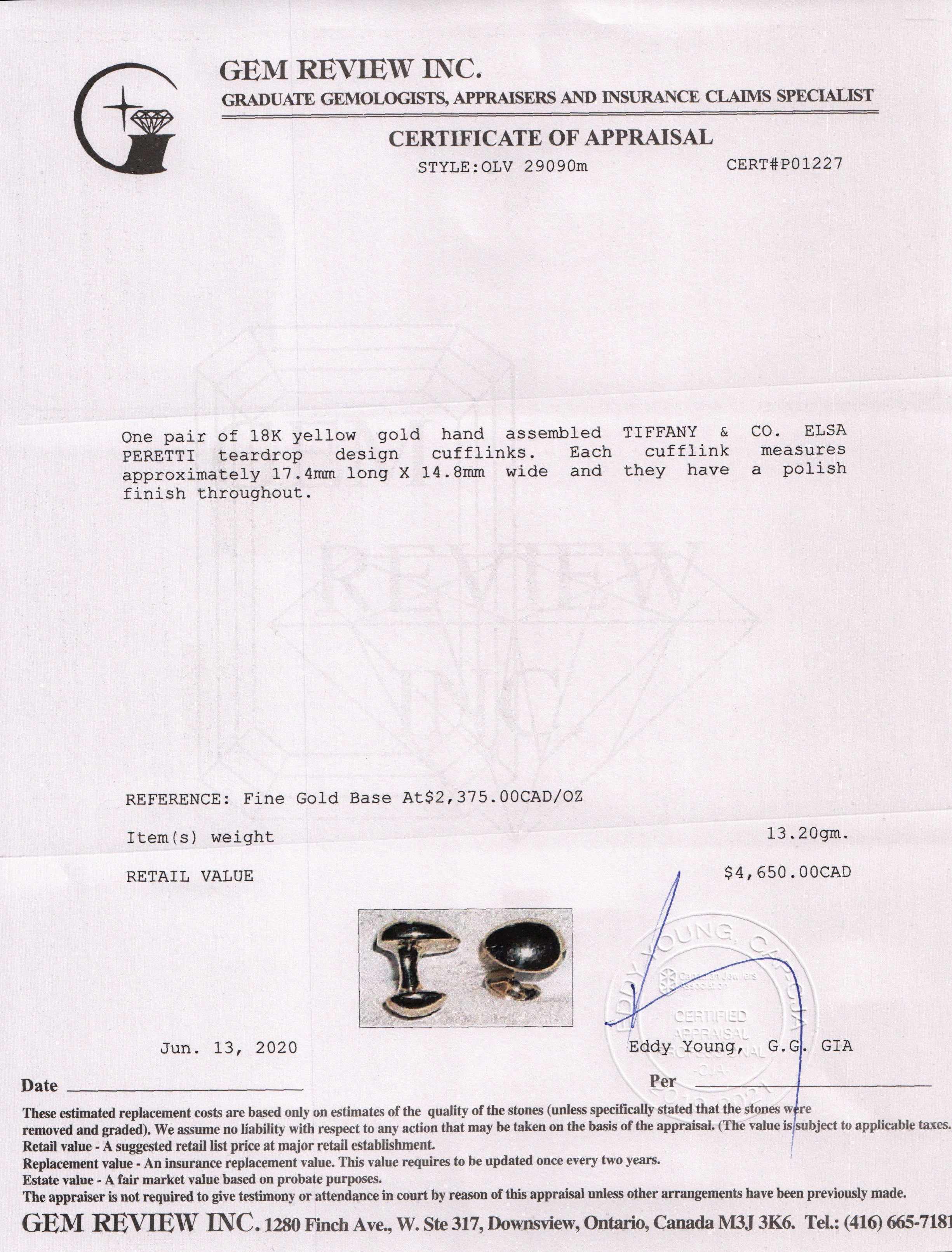 Tiffany & Co. 18k Gold Elsa Peretti Teardrop Cufflinks