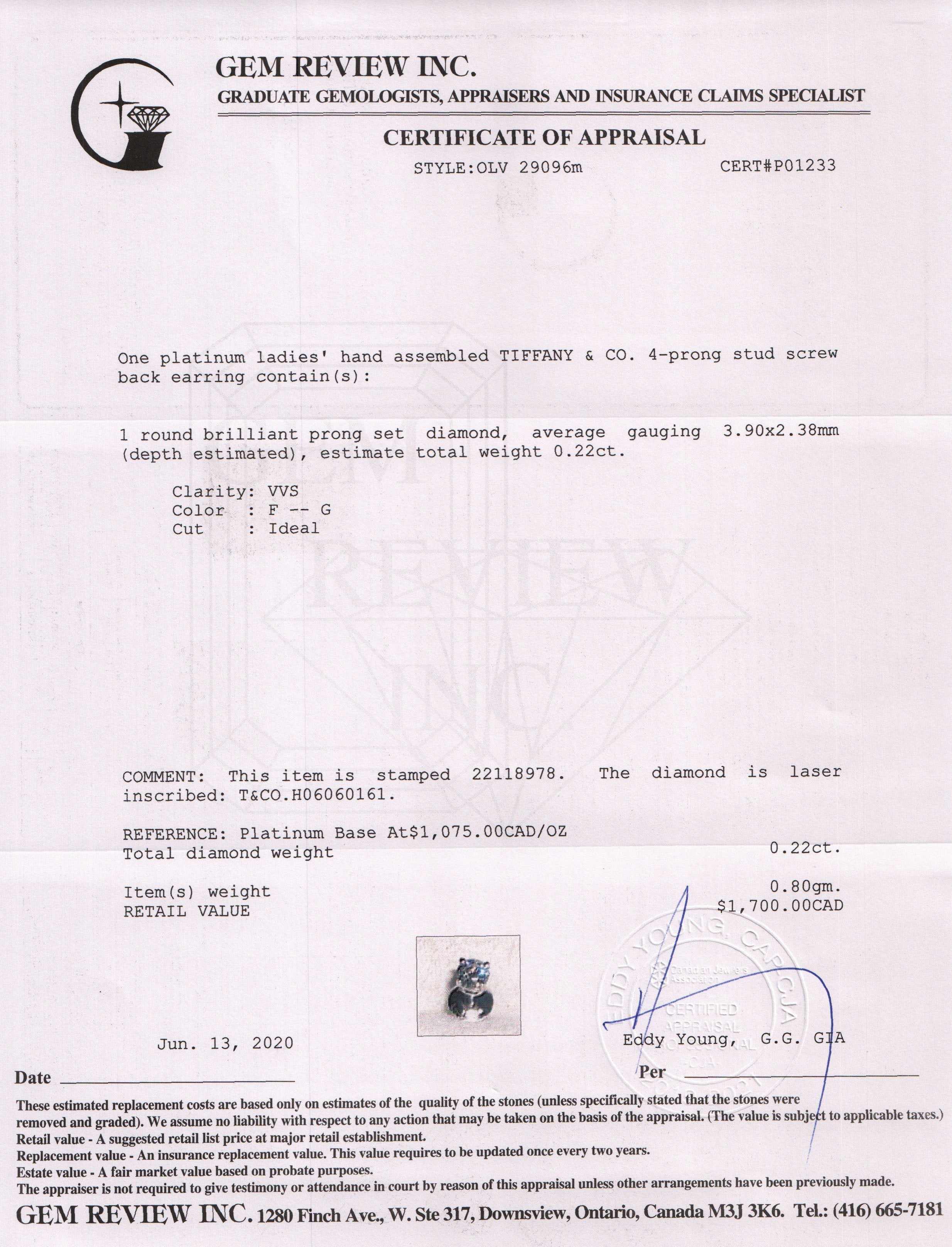 Tiffany & Co. Platinum Single Diamond Stud Earring