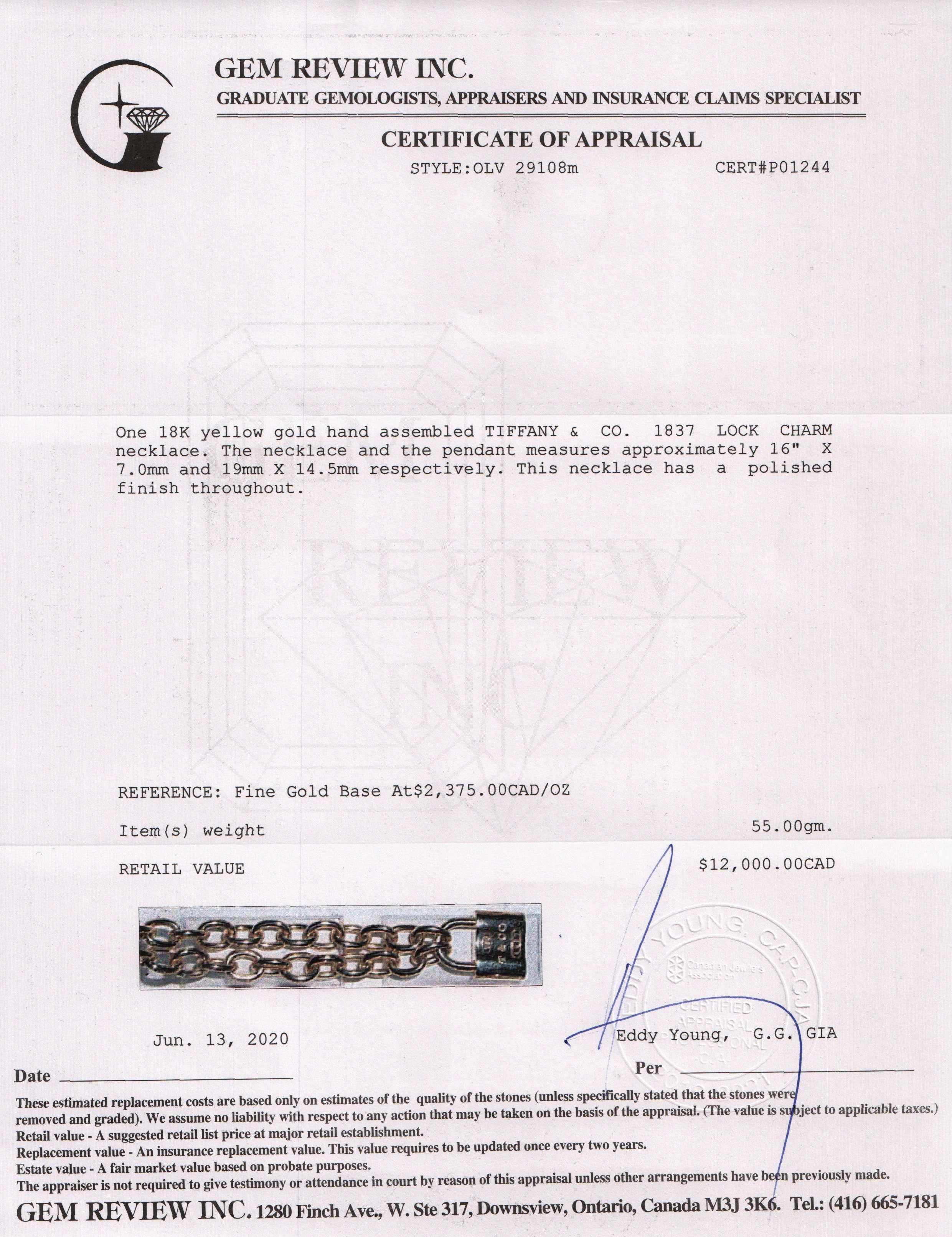 Tiffany & Co. 18k Gold 1837 Lock Charm Pendant Necklace