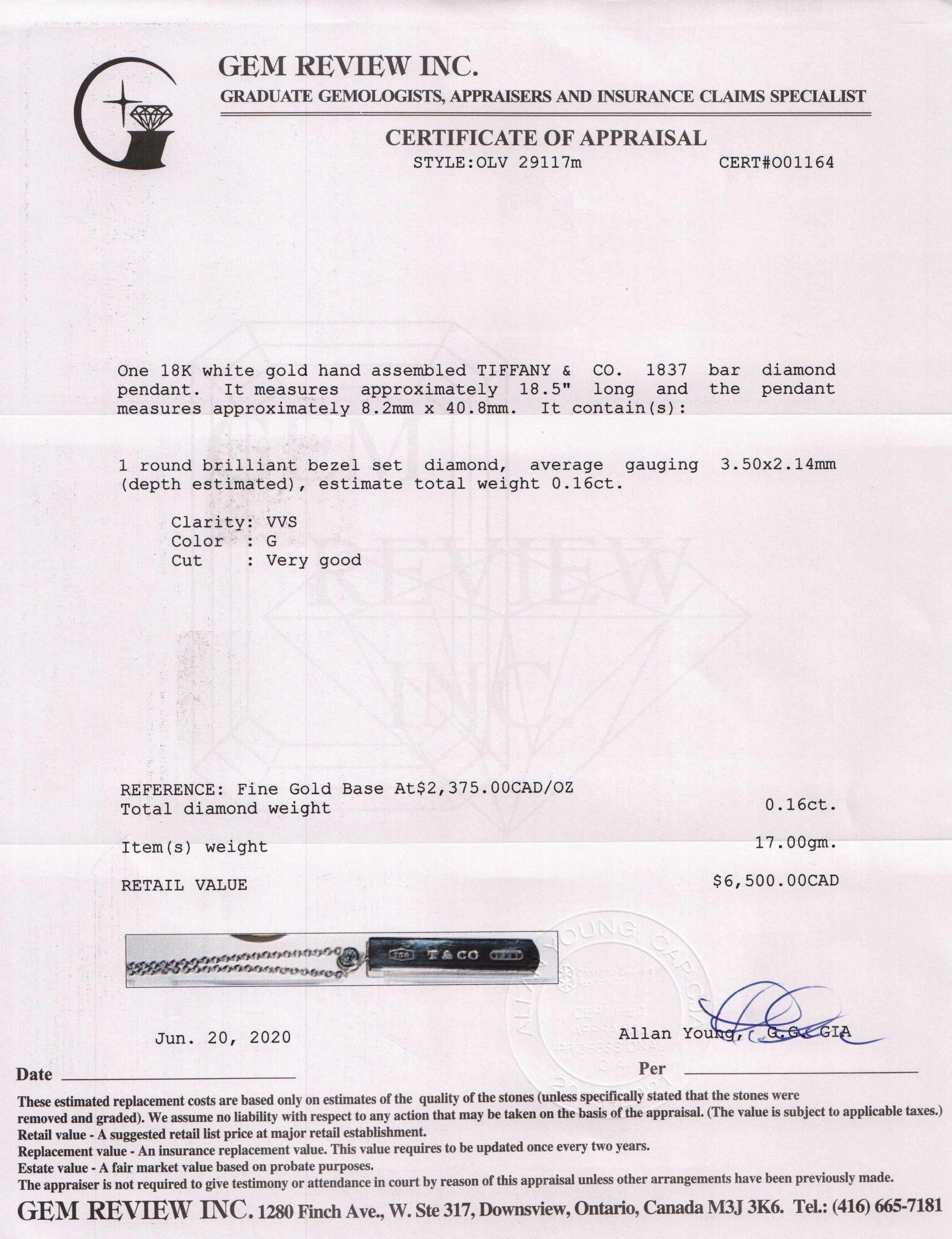 Tiffany & Co. 18k White Gold 1837 Bar Pendant Necklace with Diamond