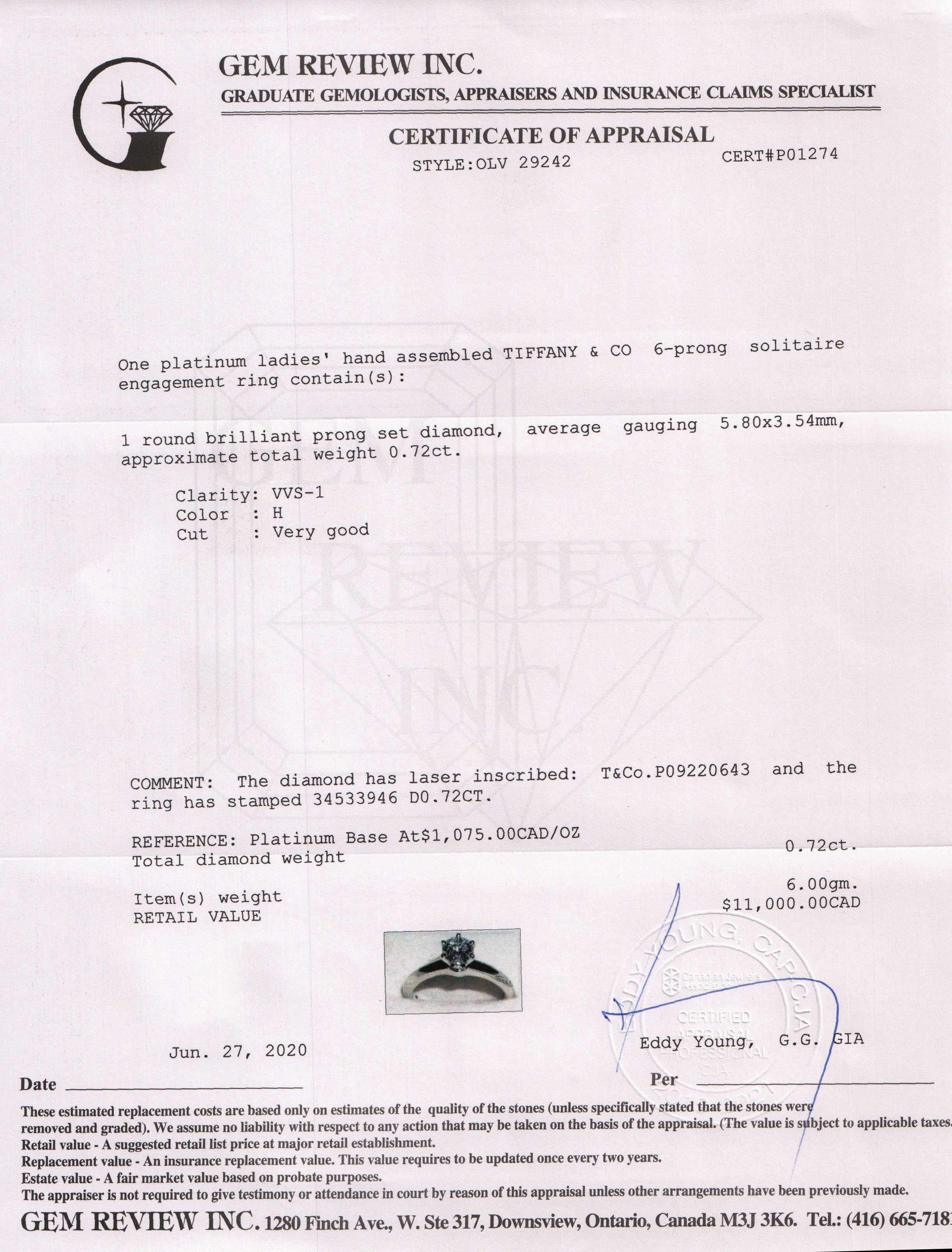 Tiffany & Co. Solitaire 0.72 ct. Round Diamond Engagement Ring