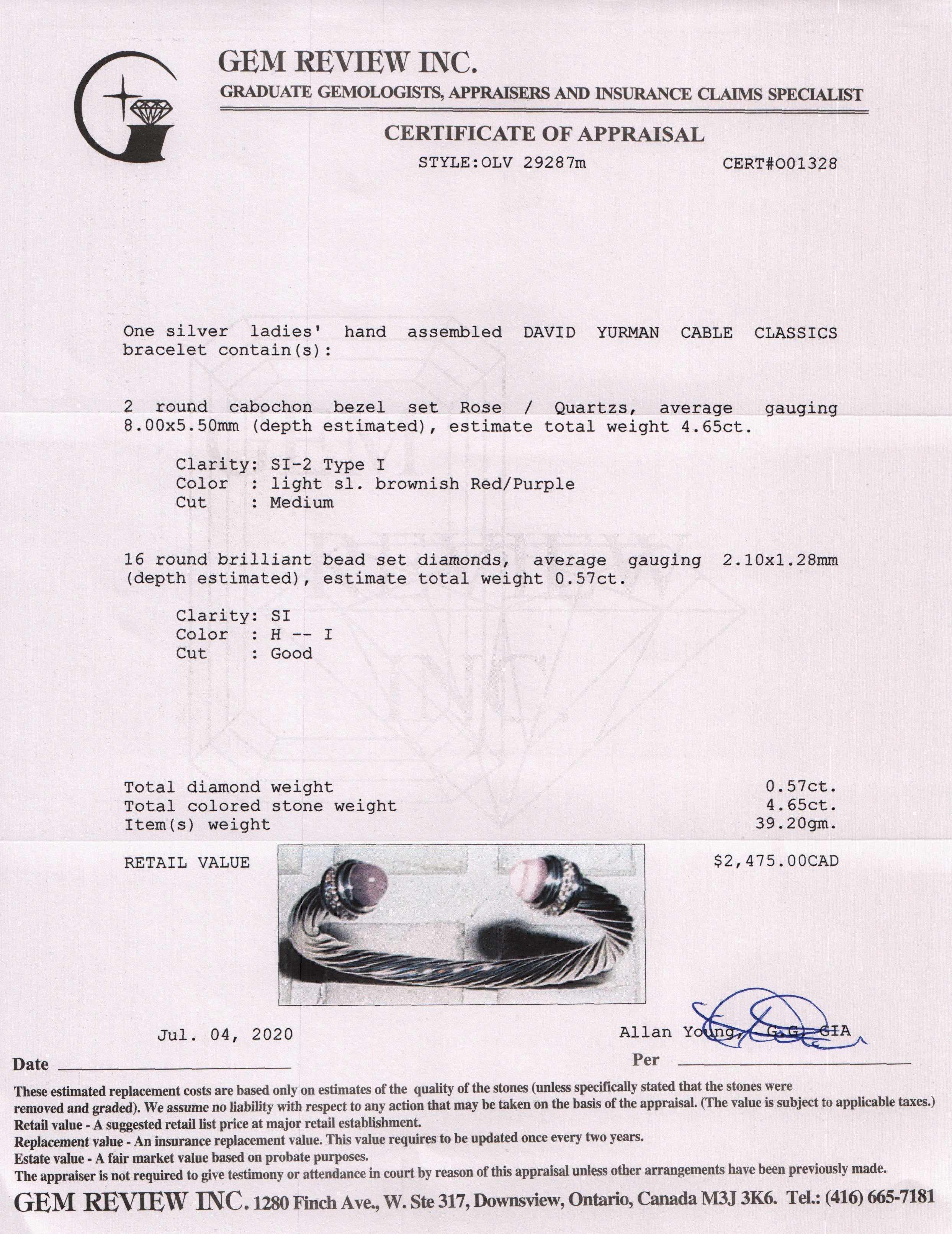 David Yurman Cable Classics Bracelet with Rose Quartz and Diamonds