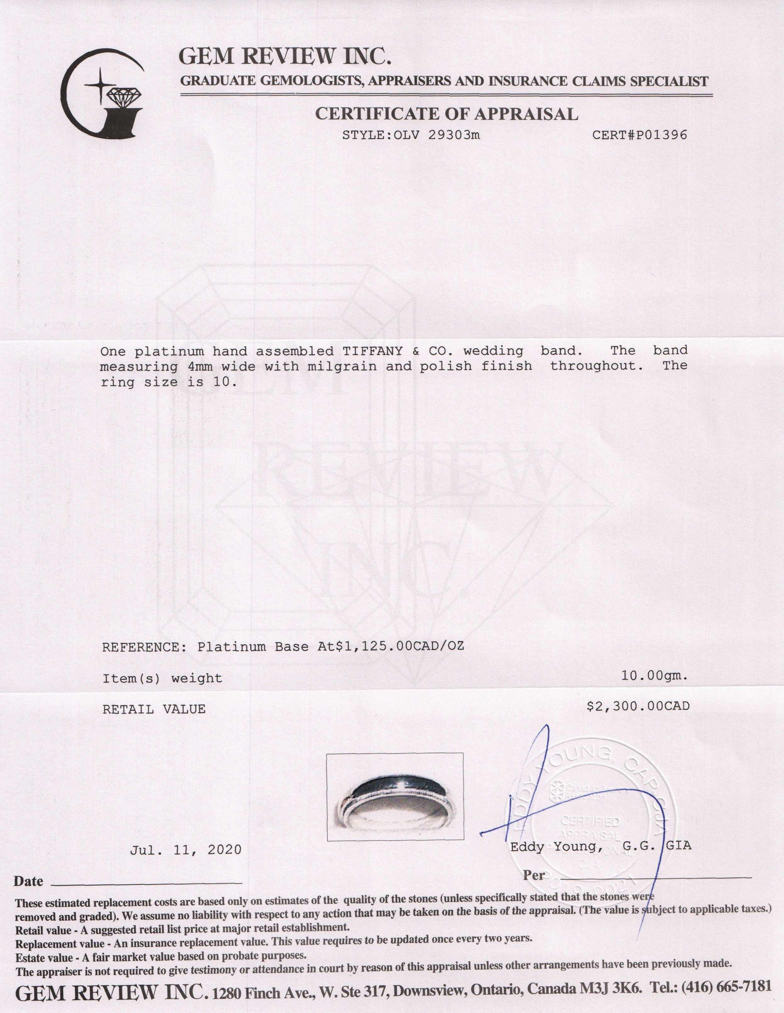 Tiffany & Co. Platinum Classic Milgrain Wedding Band Ring