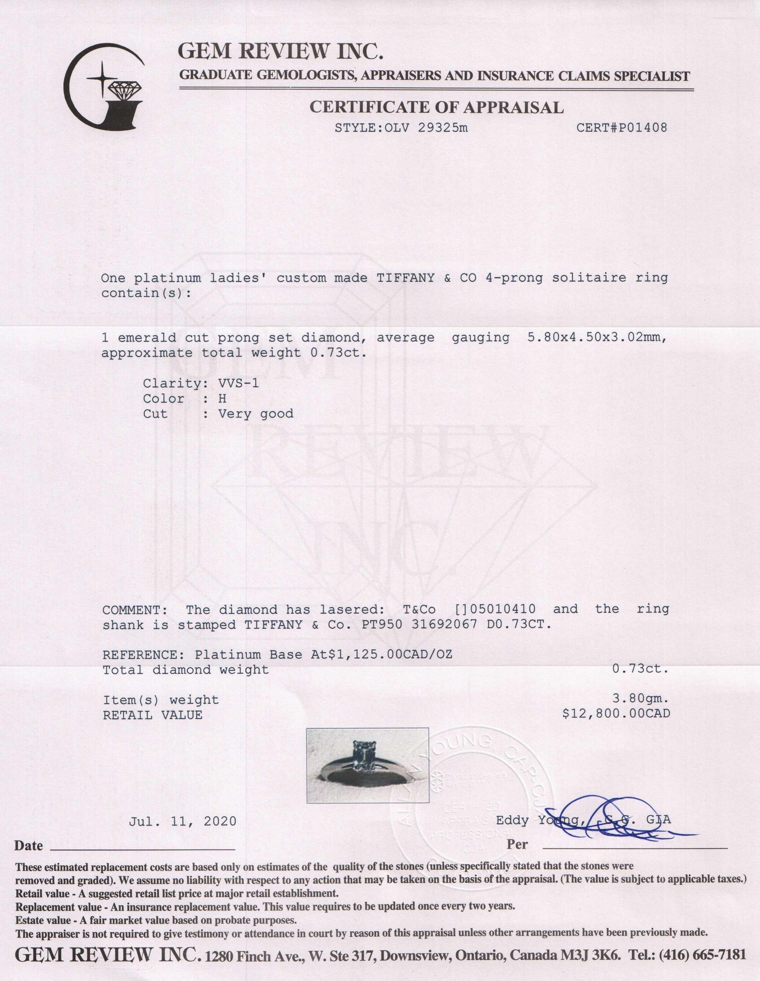 Tiffany & Co. Solitaire 0.73 ct. Emerald Cut Diamond Engagement Ring