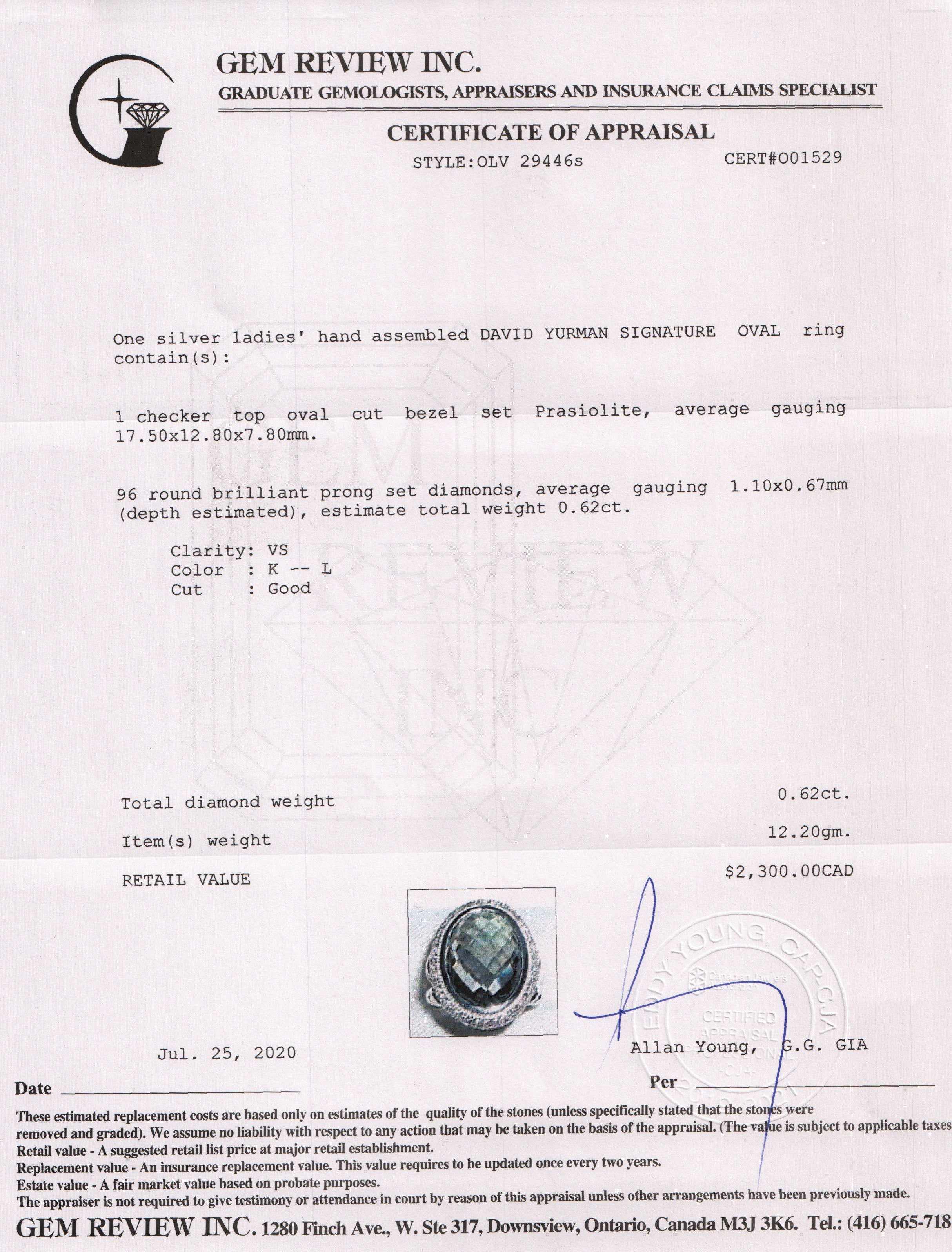 David Yurman Prasiolite and Diamond Signature Oval Ring