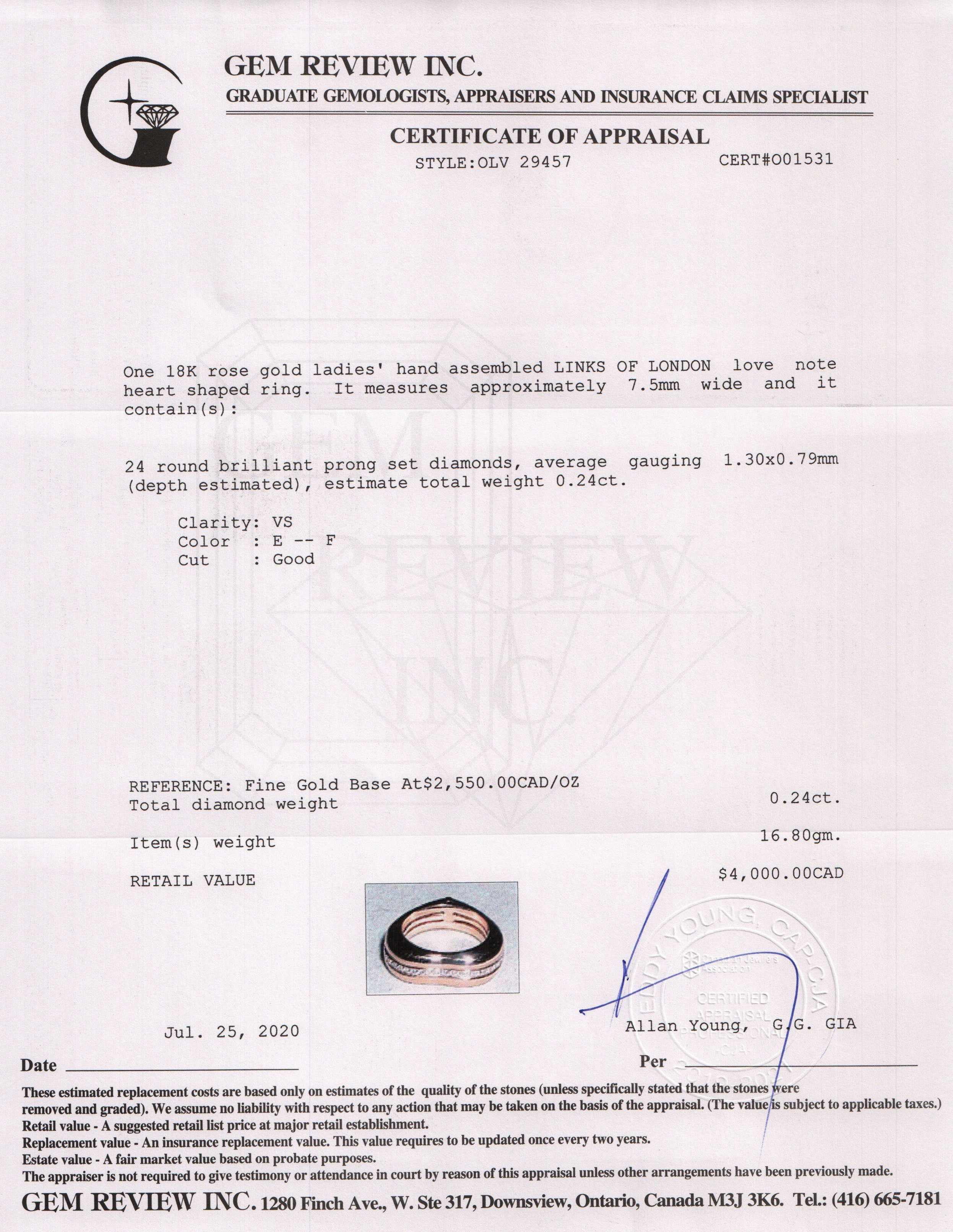 Links of London 18k Rose Gold and Diamond Love Note Ring