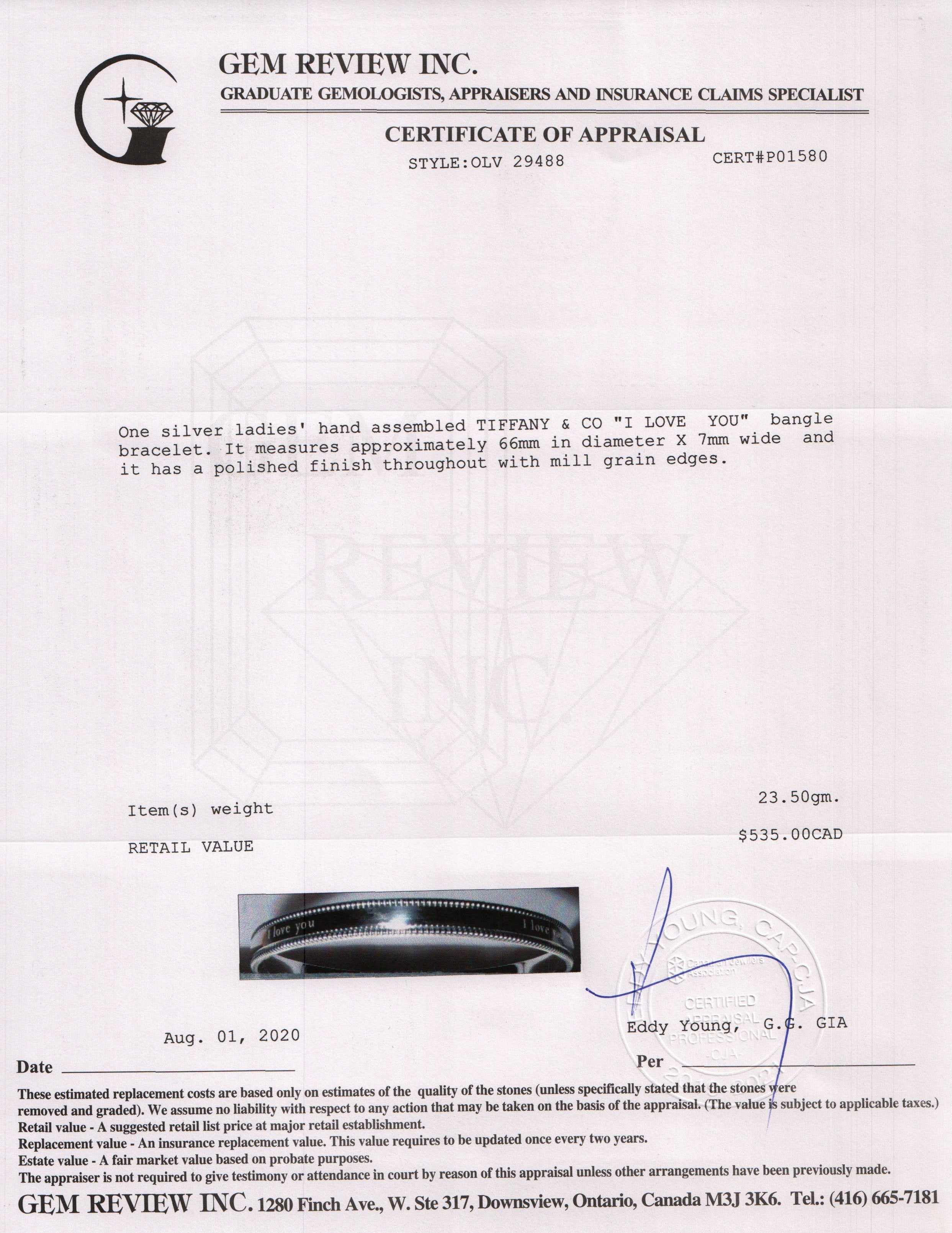 Tiffany & Co. "I Love you" Bangle Bracelet