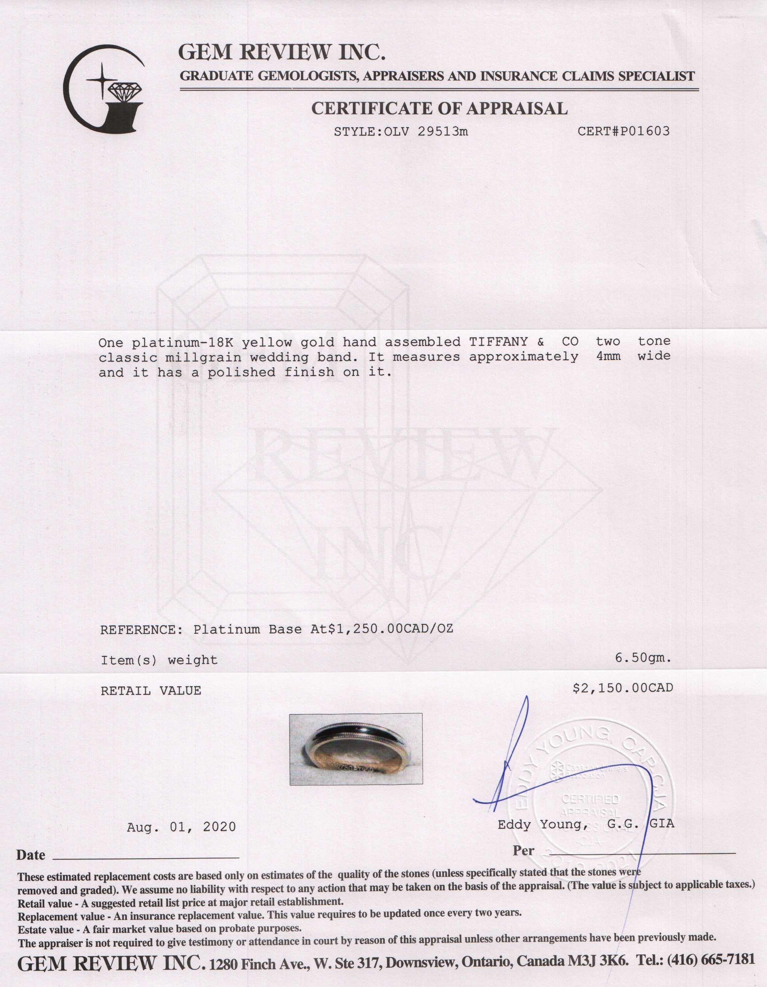 Tiffany & Co. Two-Tone Classic Milgrain Wedding Band Ring