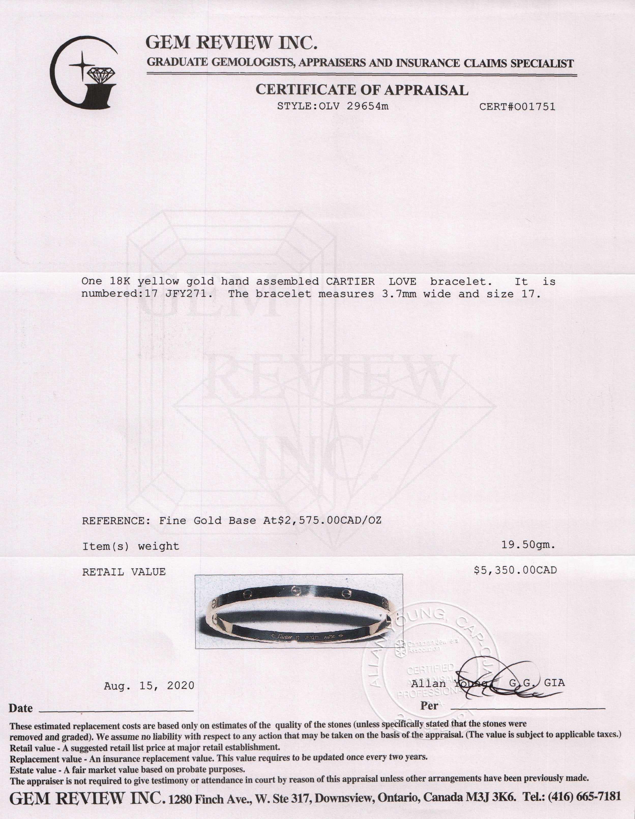 Cartier Love Bracelet, SM Model w/ Box & Certificate