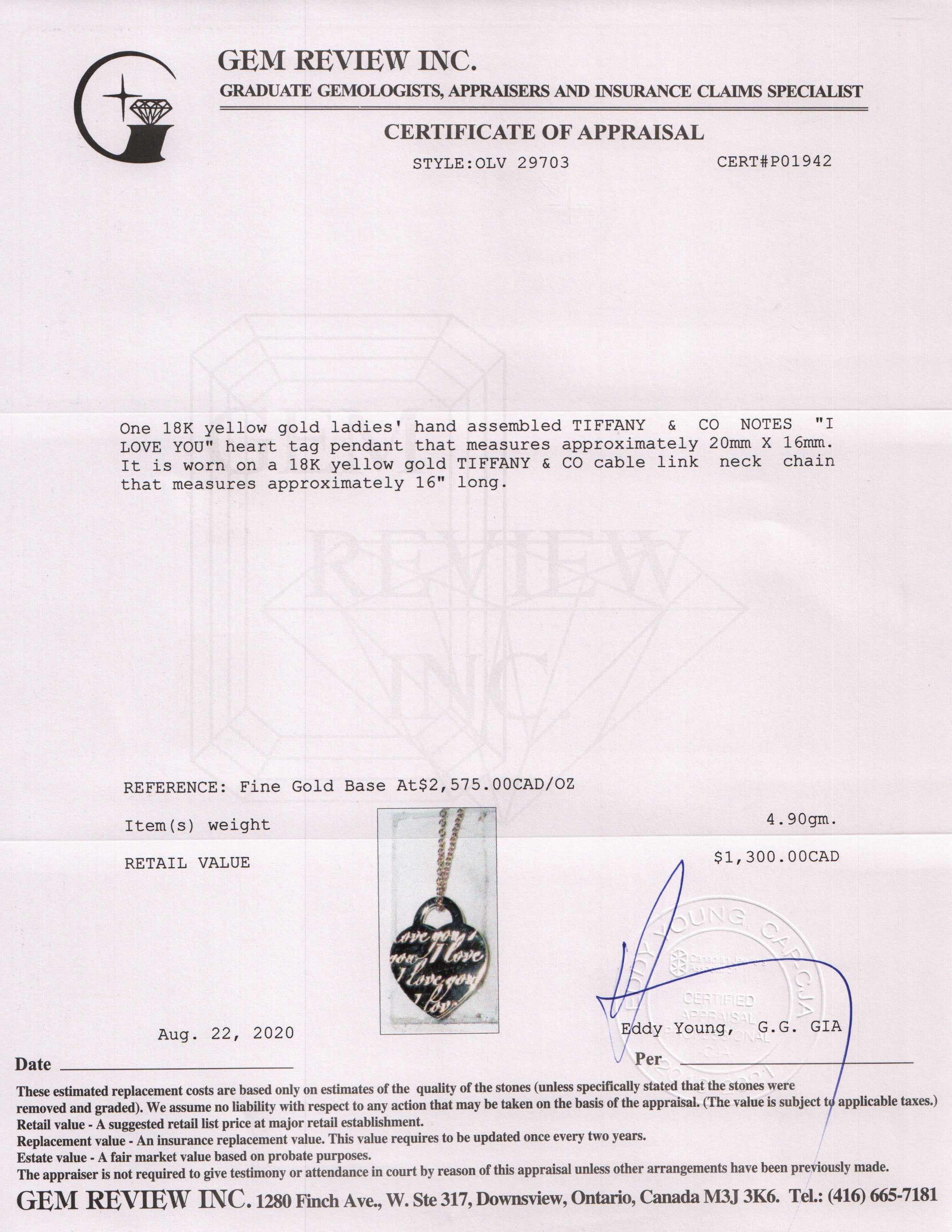 Tiffany & Co. 18k Gold Notes "I Love You" Heart Tag Pendant Necklace