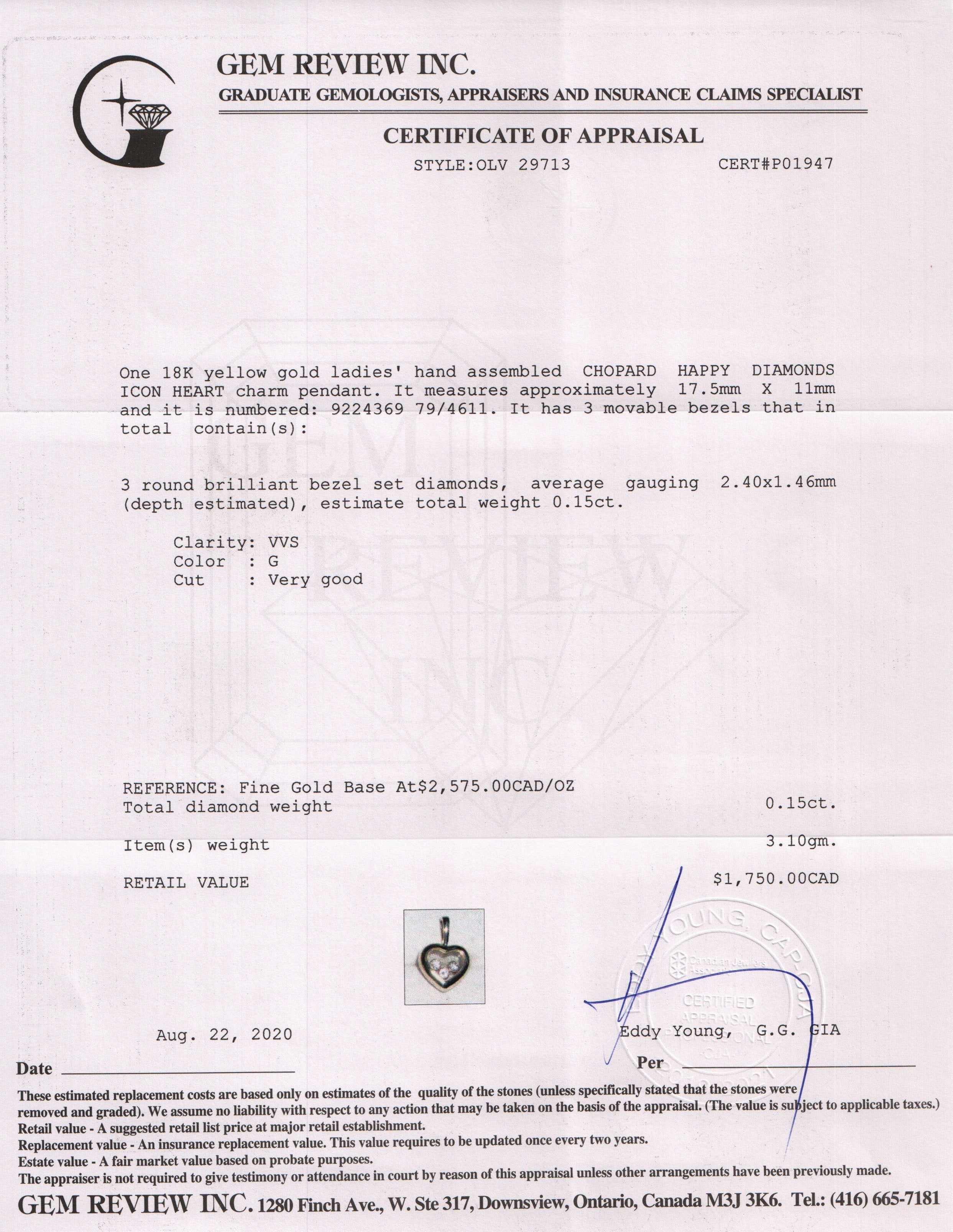 Chopard 18k Yellow Gold Happy Diamond Heart Charm Pendant