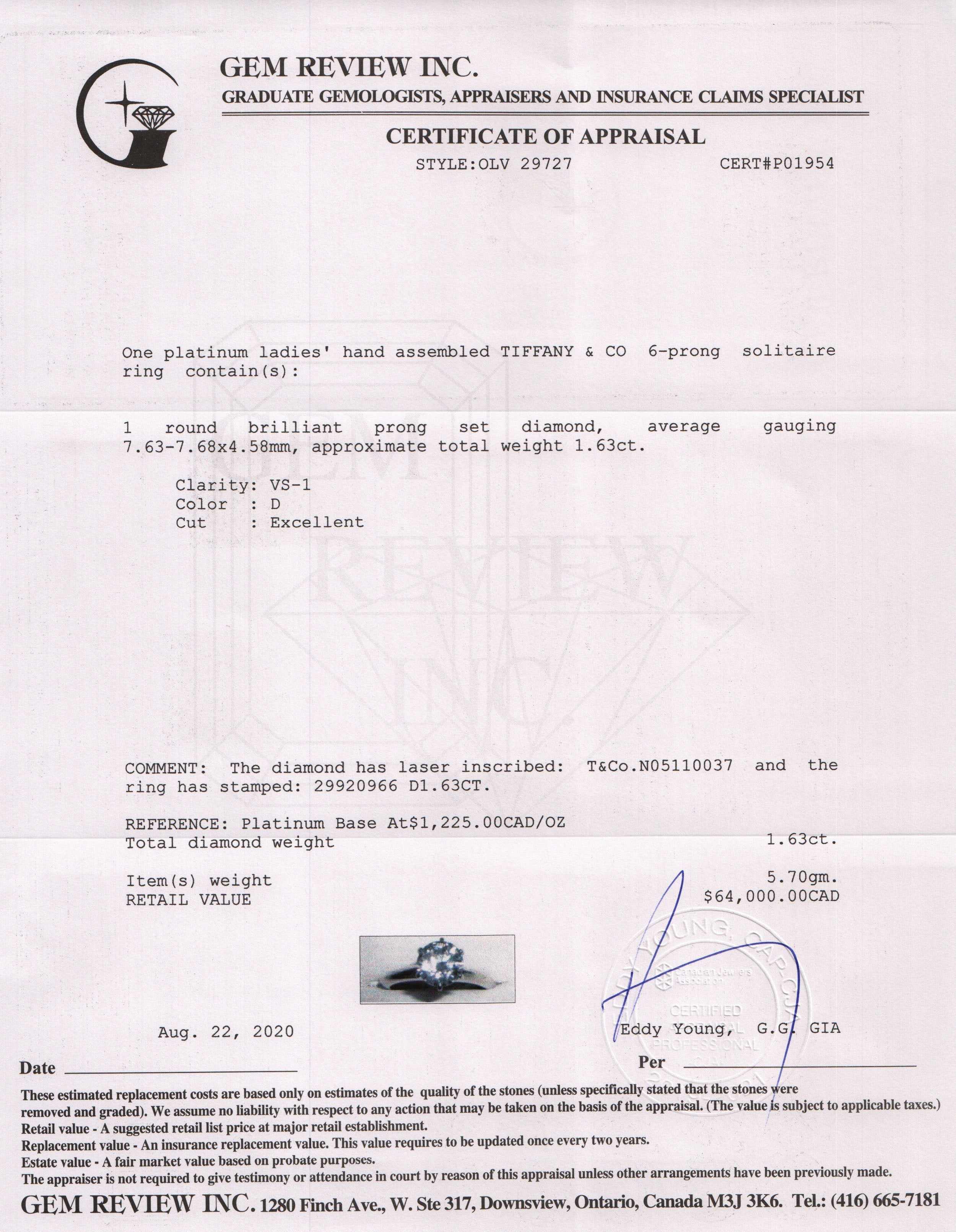 Tiffany & Co. Solitaire 1.63 ct. Round Diamond Engagement Ring