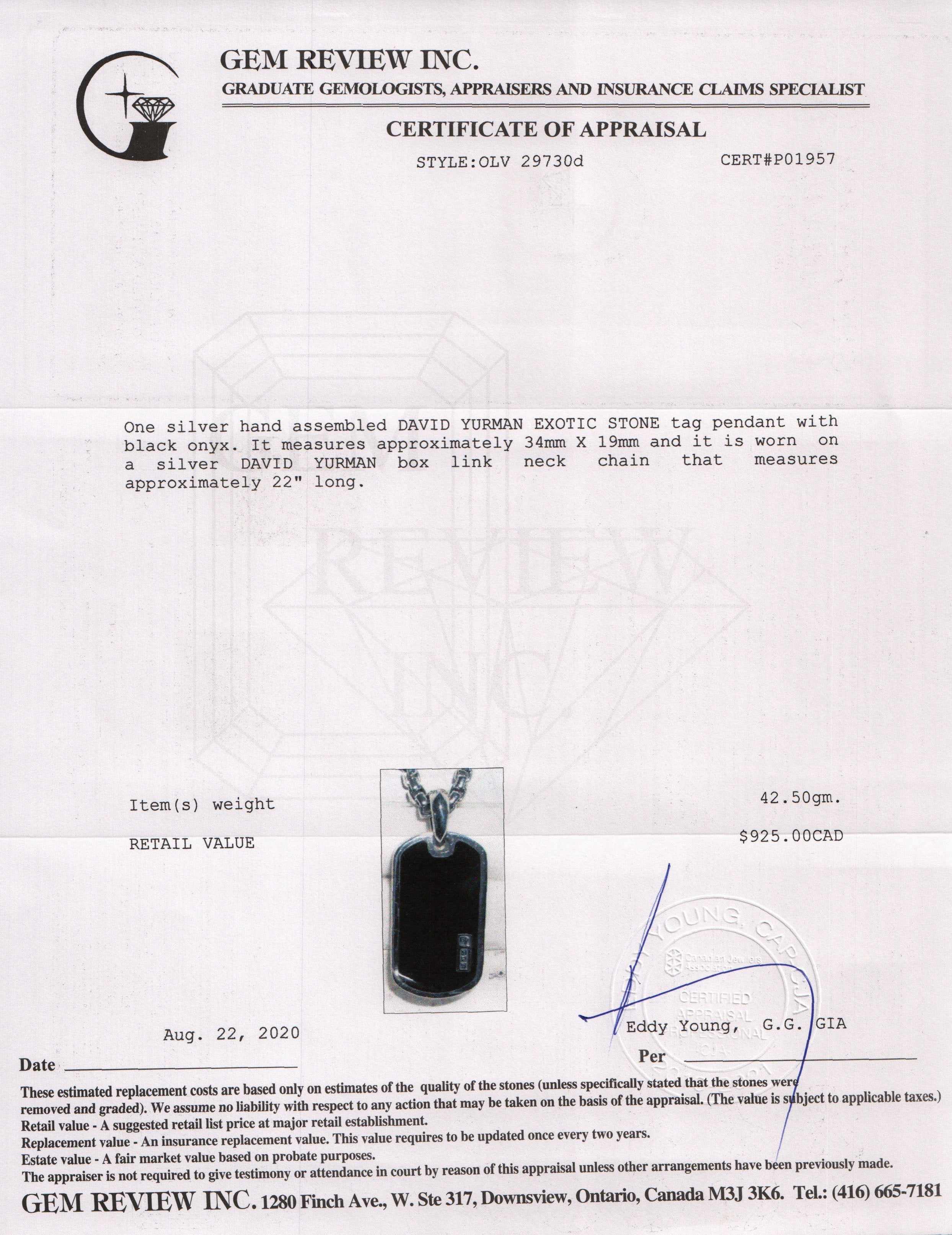 David Yurman Exotic Stone Tag Pendant Necklace with Black Onyx