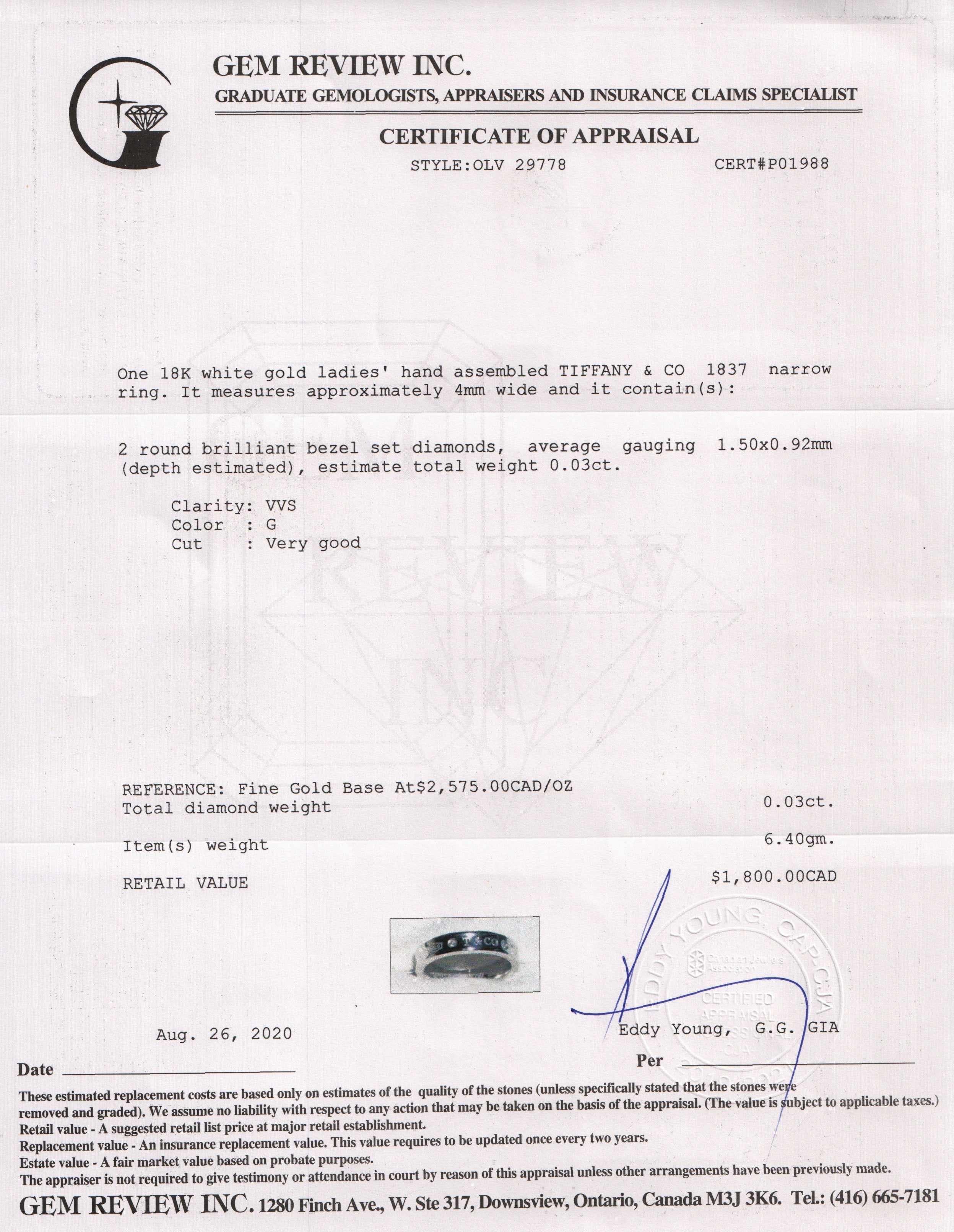 Tiffany & Co. 18k White Gold 1837 Narrow Ring with Diamonds