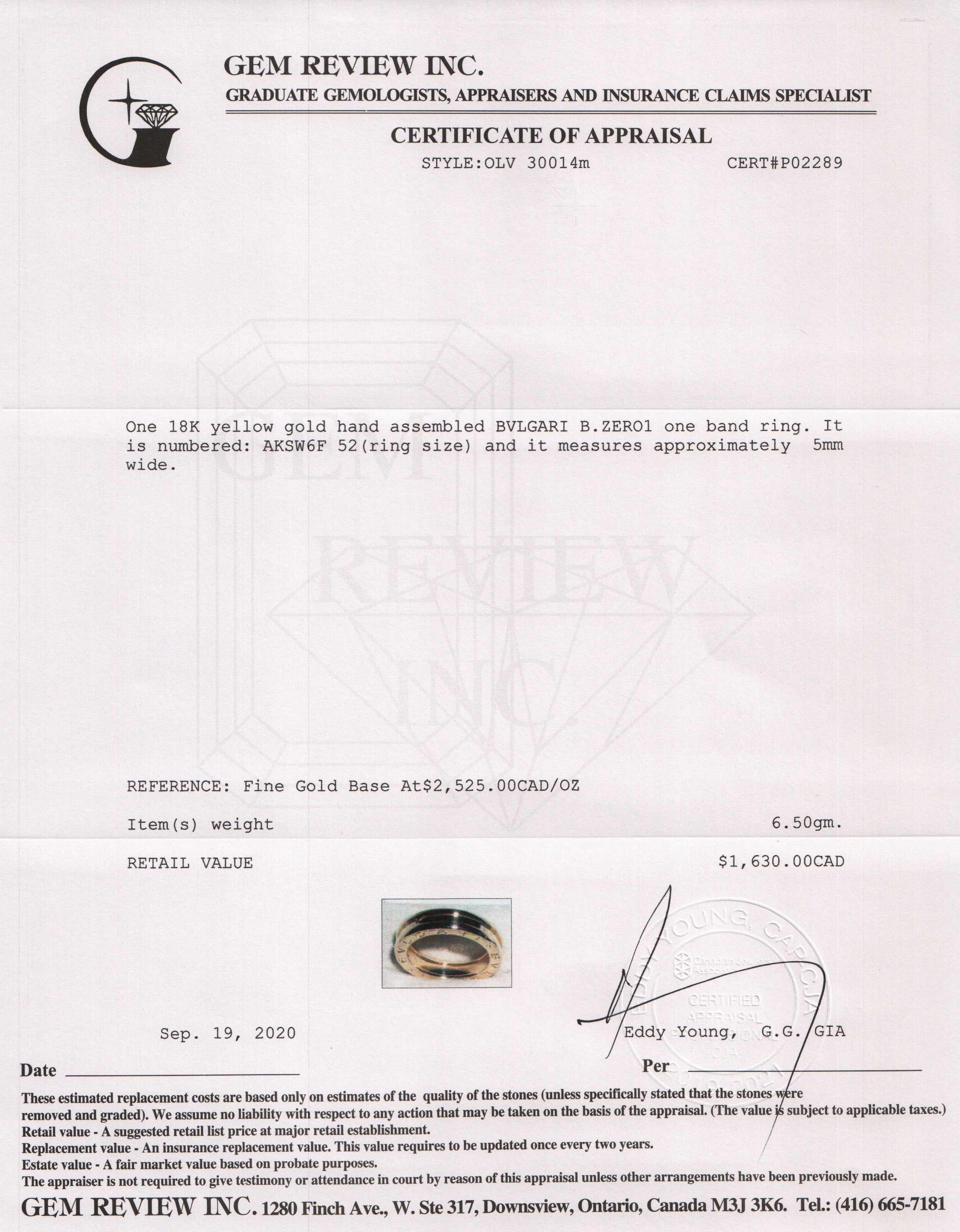 BVLGARI 18k Gold B.Zero1 One-Band Ring