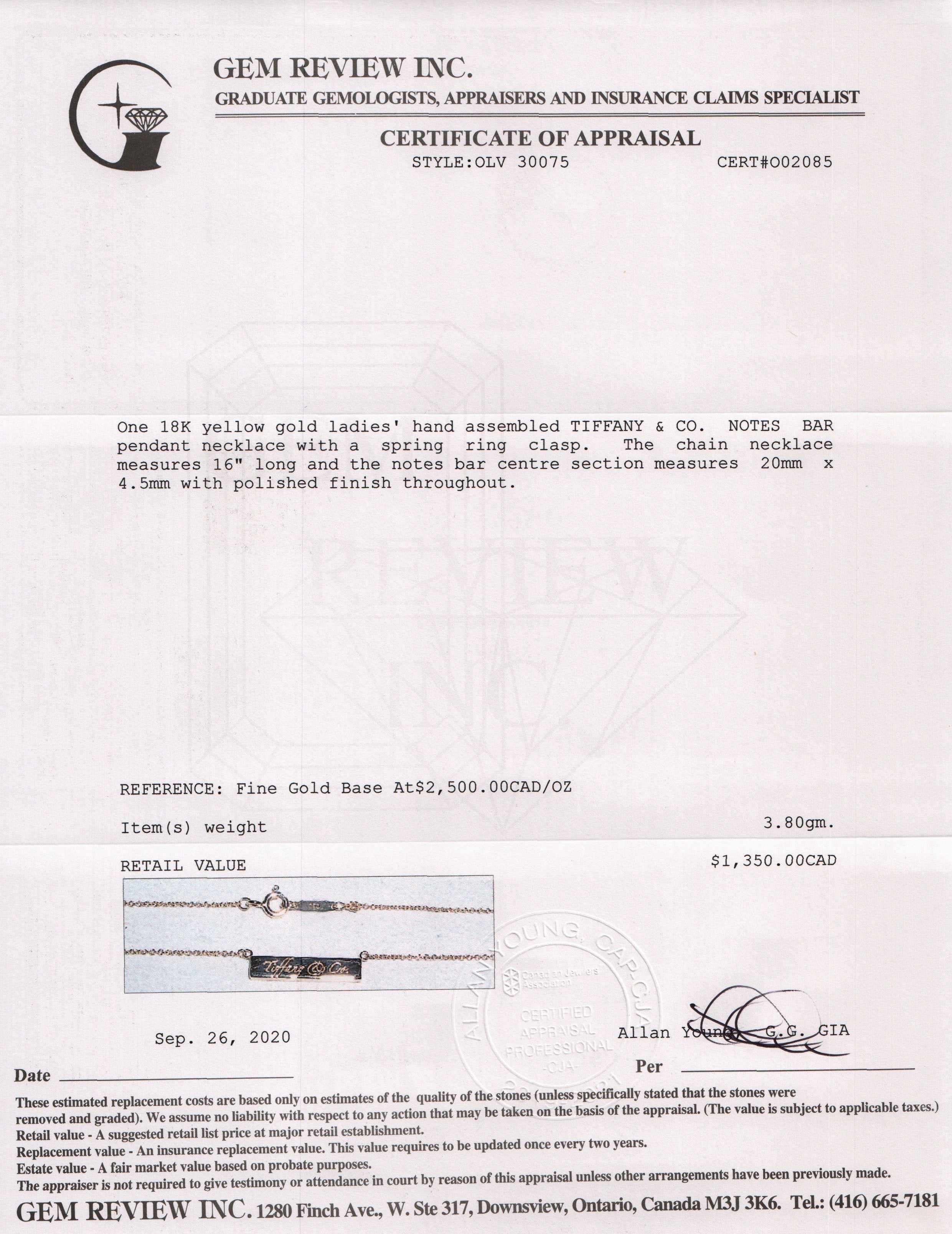 Tiffany & Co. 18k Gold Notes Bar Pendant Necklace