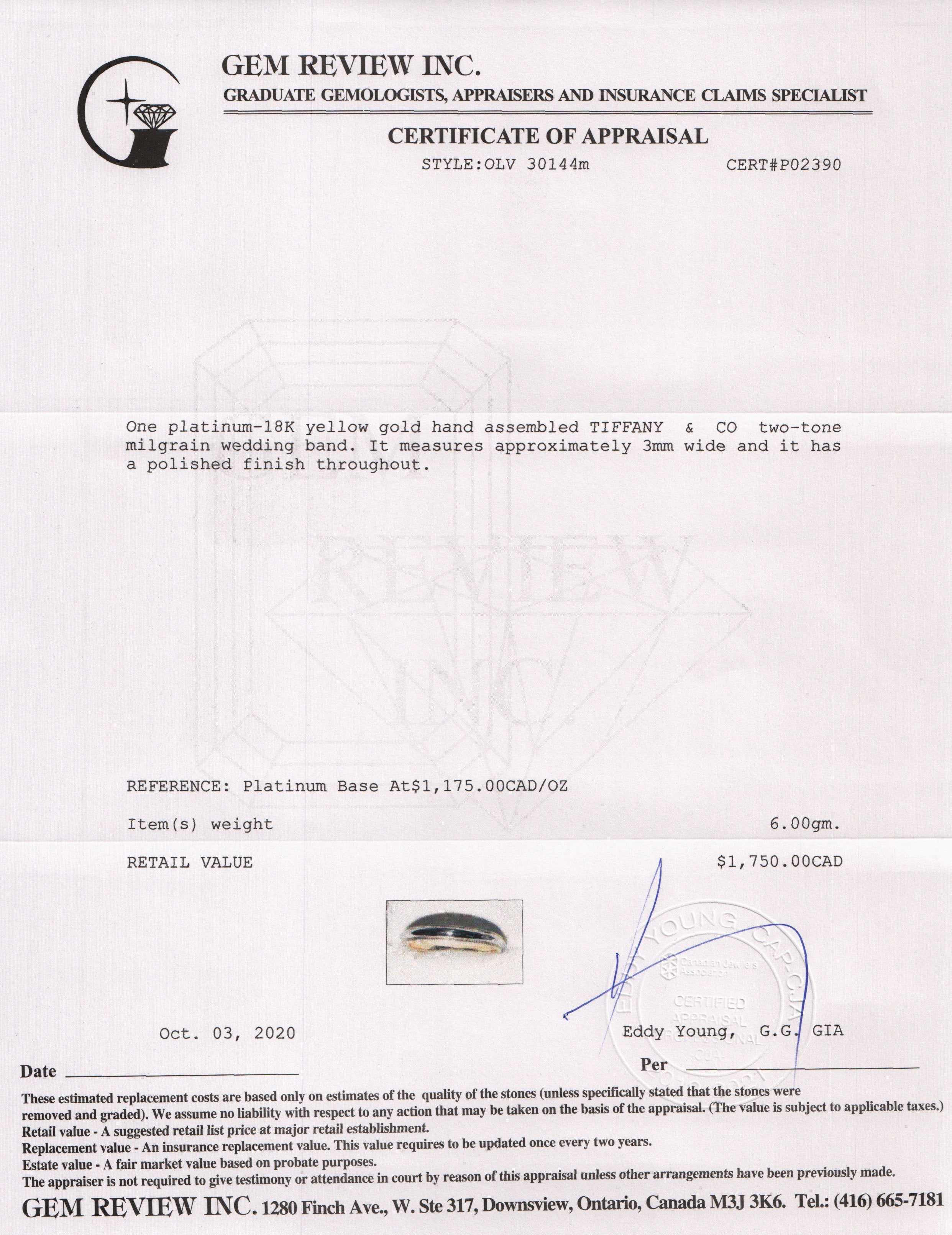 Tiffany & Co. Two-Tone Classic Milgrain Wedding Band Ring