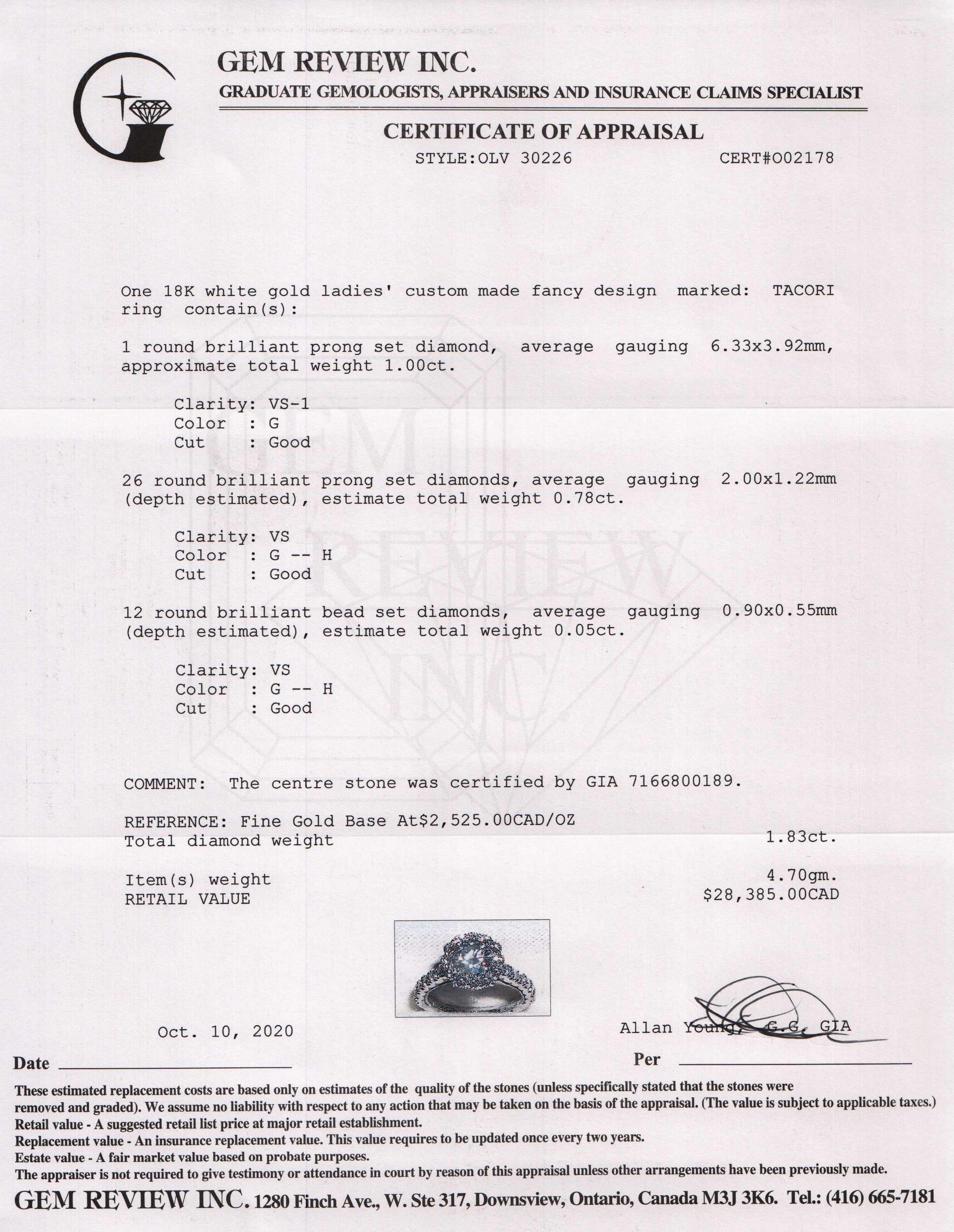 Tacori Halo Design 1.00 ct. Round Diamond Engagement Ring w/ GIA Report