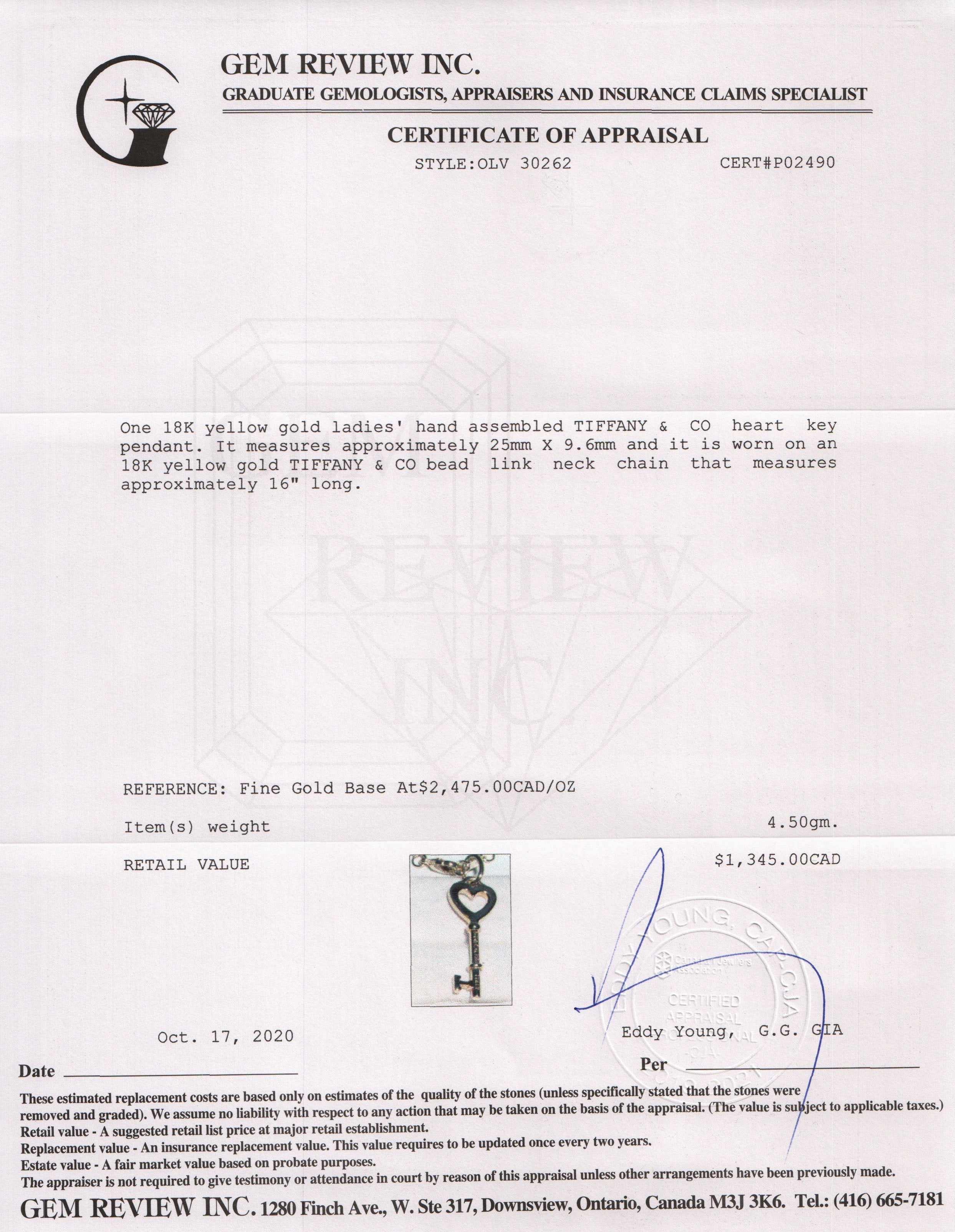 Tiffany & Co. 18k Gold Tiffany Keys Heart Key Pendant Necklace