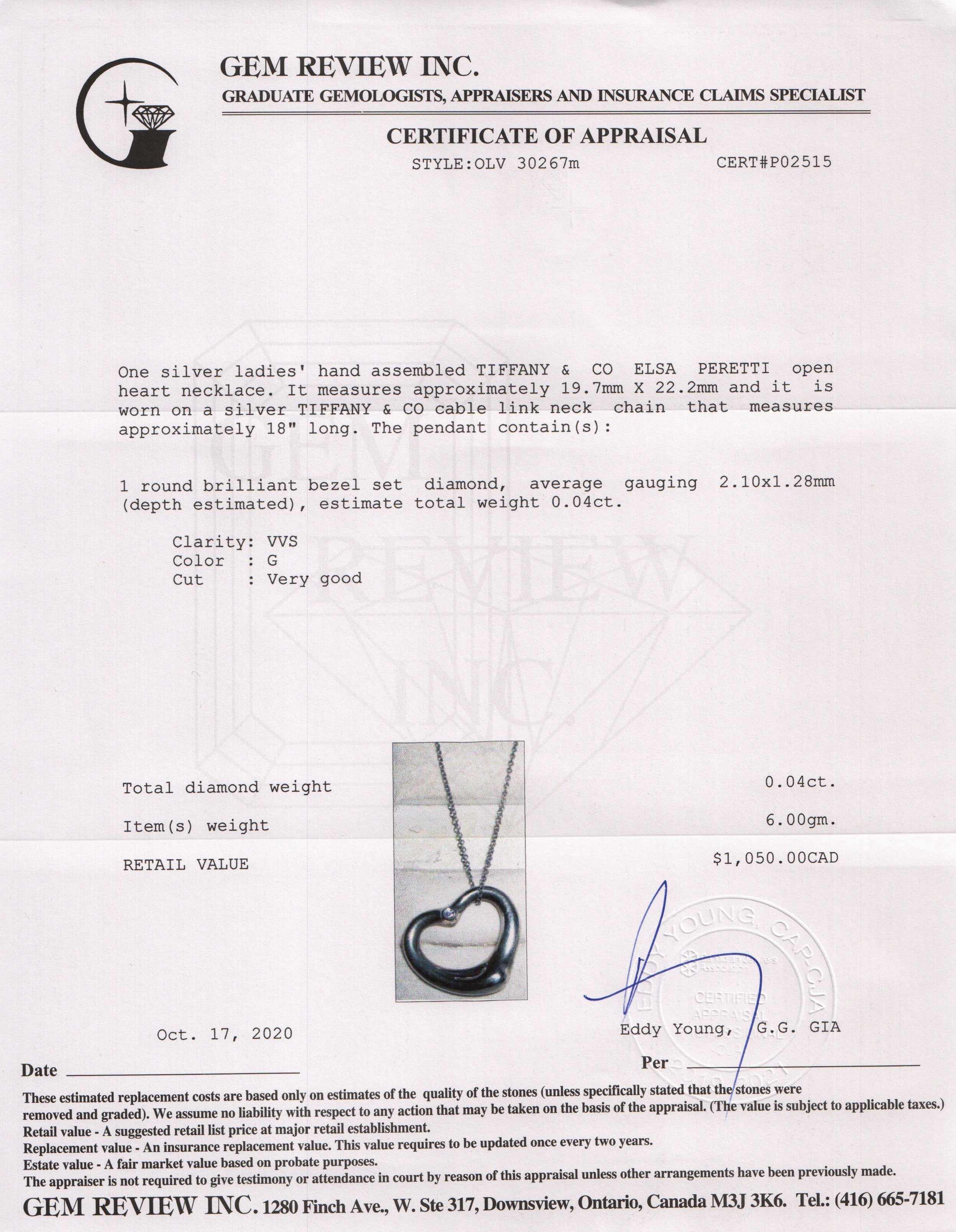 Tiffany & Co. Elsa Peretti Open Heart Pendant Necklace with Diamond