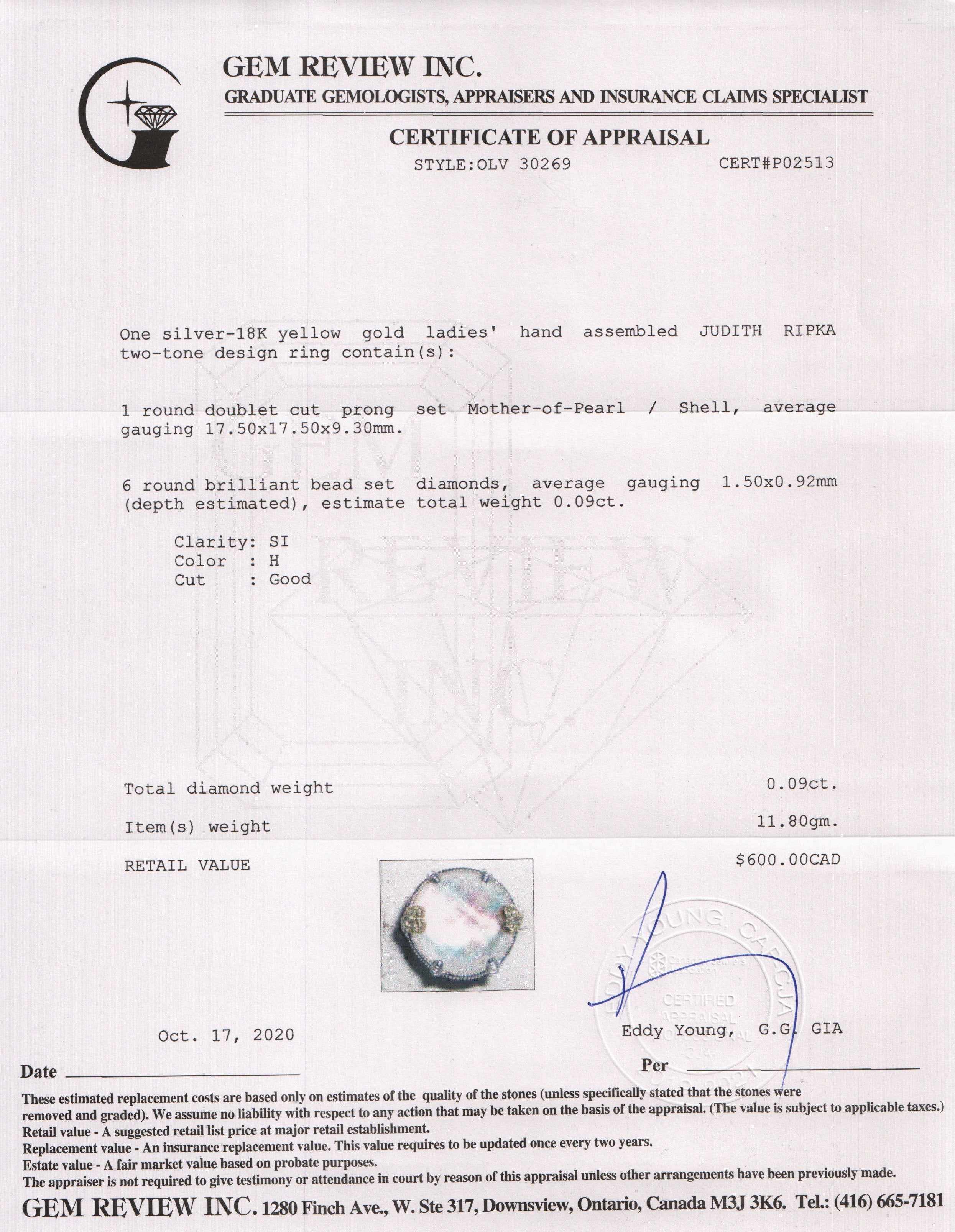 Judith Ripka Two-Tone Mother of Pearl Doublet and Diamond Ring