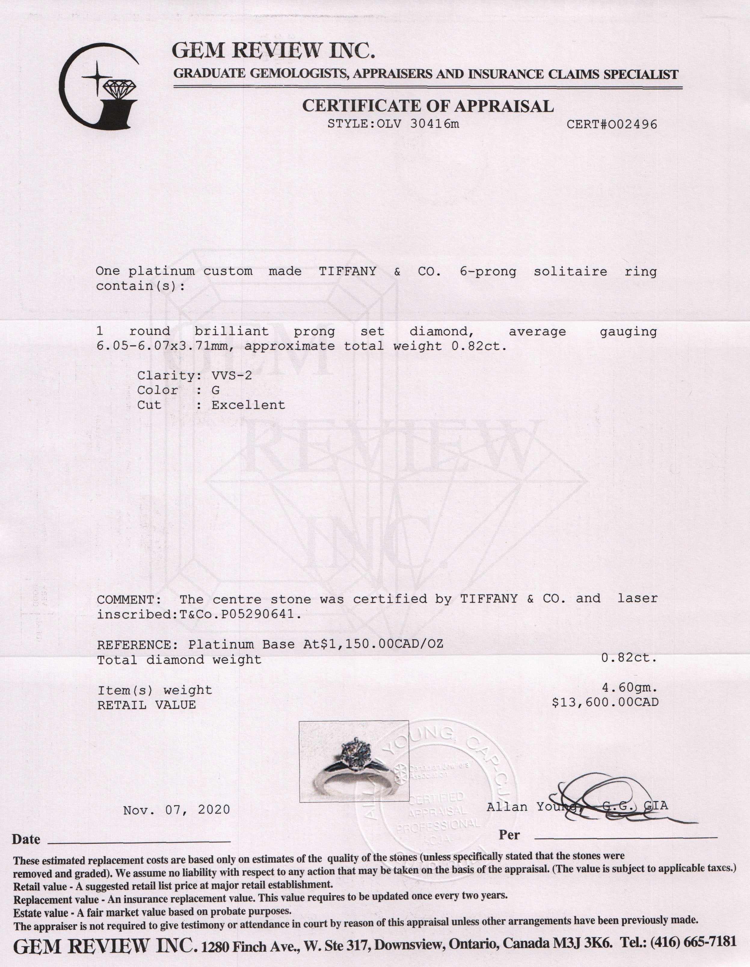 Tiffany & Co. Solitaire 0.82 ct. Round Diamond Engagement Ring