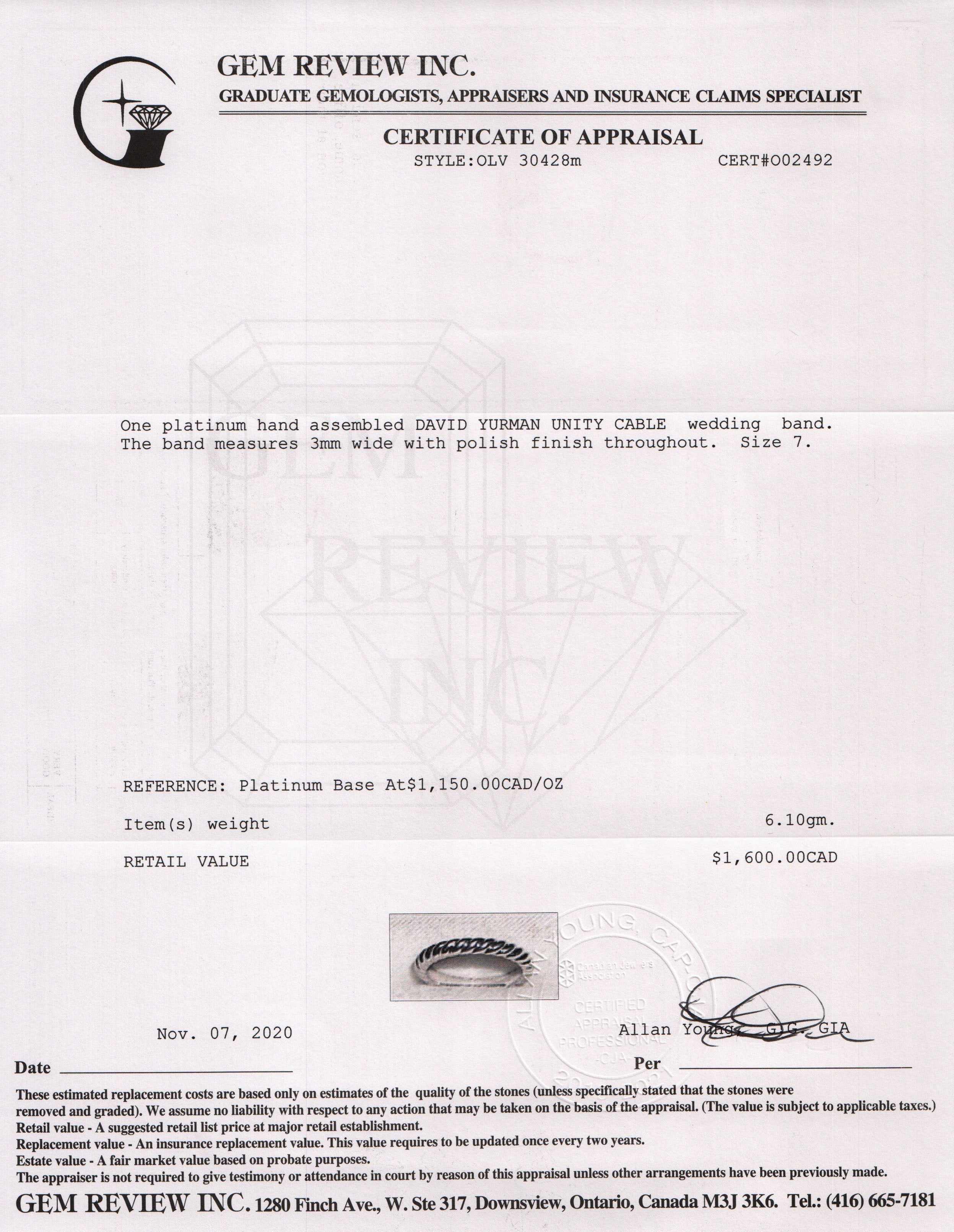 David Yurman Platinum Unity Cable Wedding Band Ring