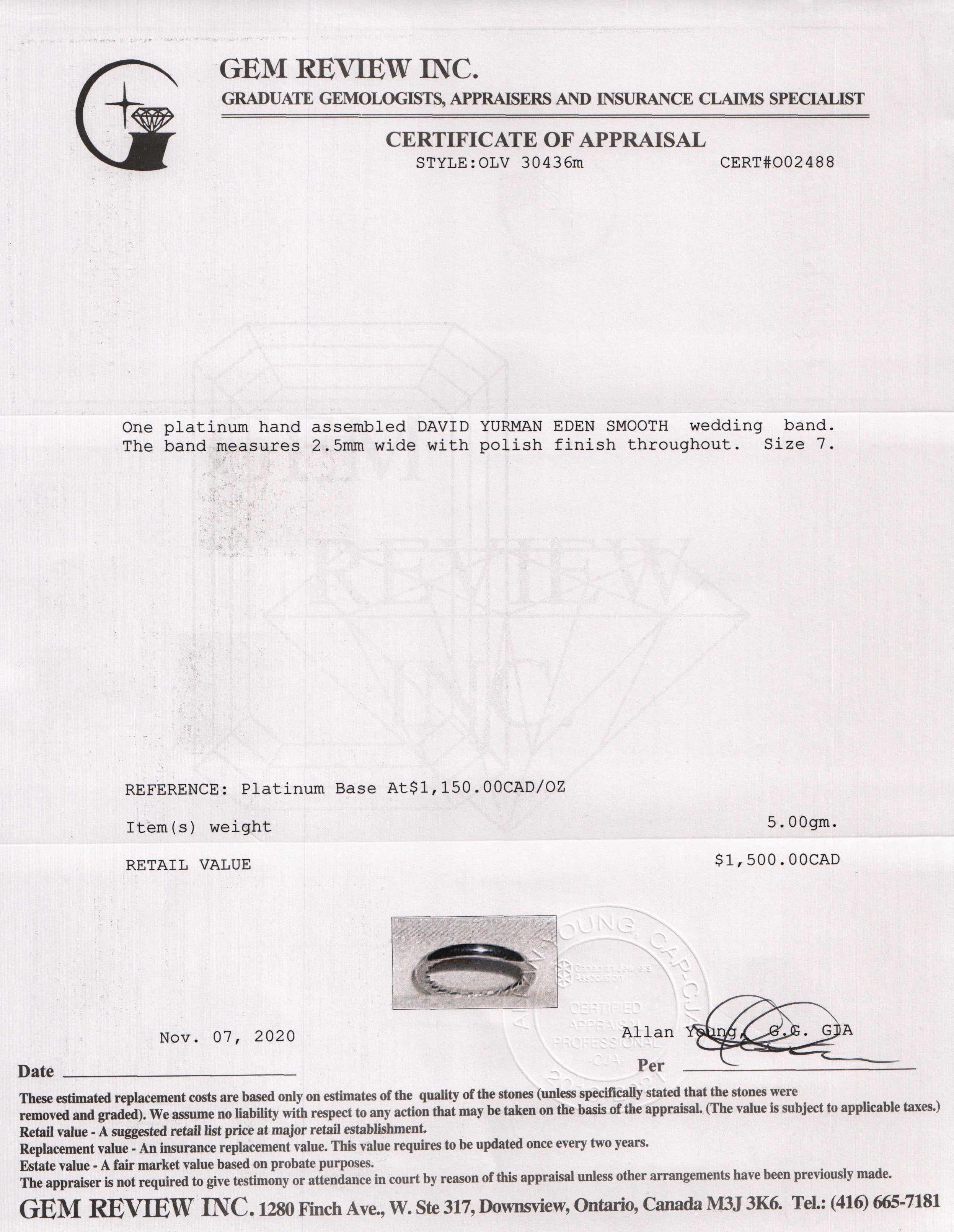 David Yurman Platinum DY Eden Smooth Wedding Band