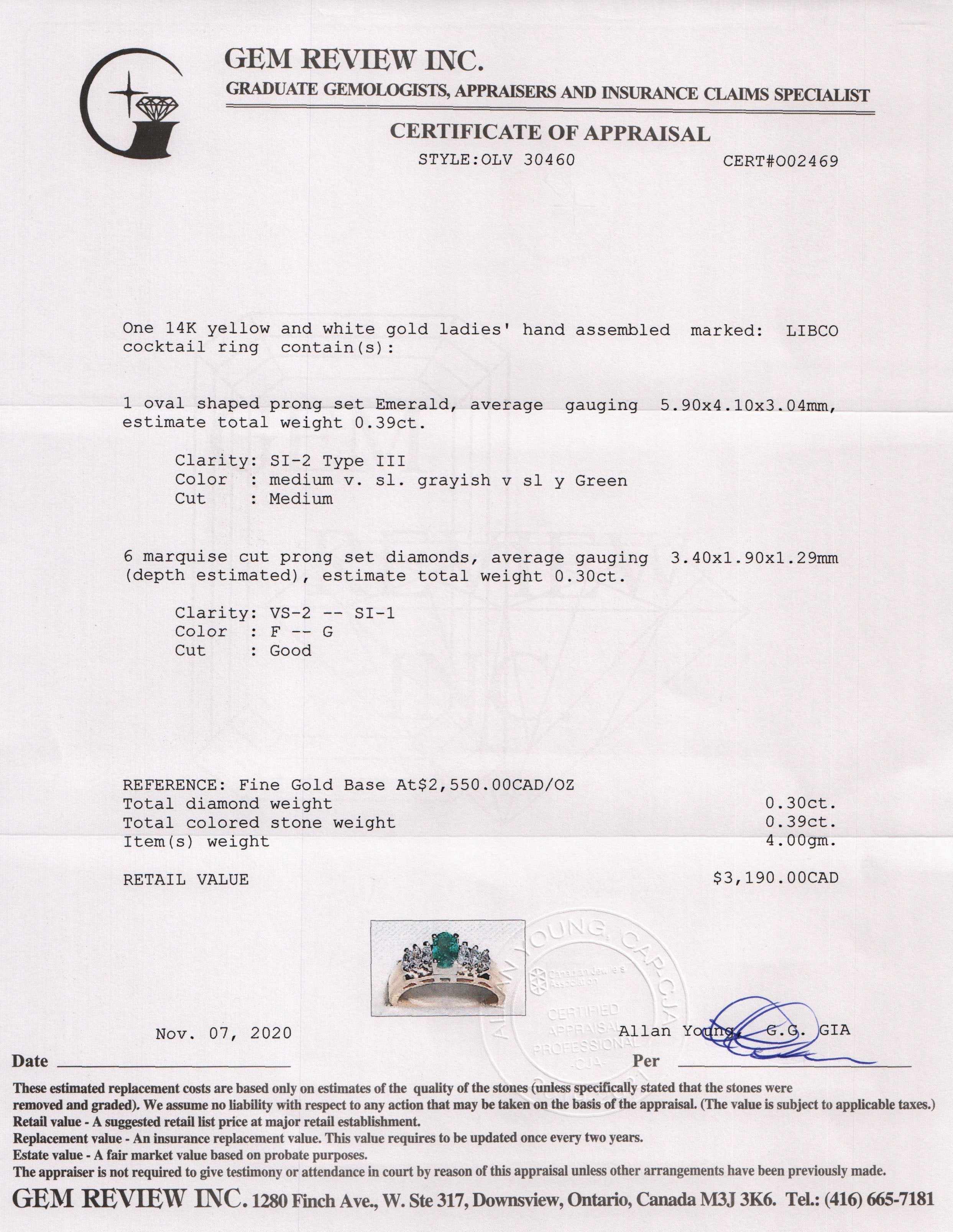 LIBCO Emerald and Diamond Cocktail Ring