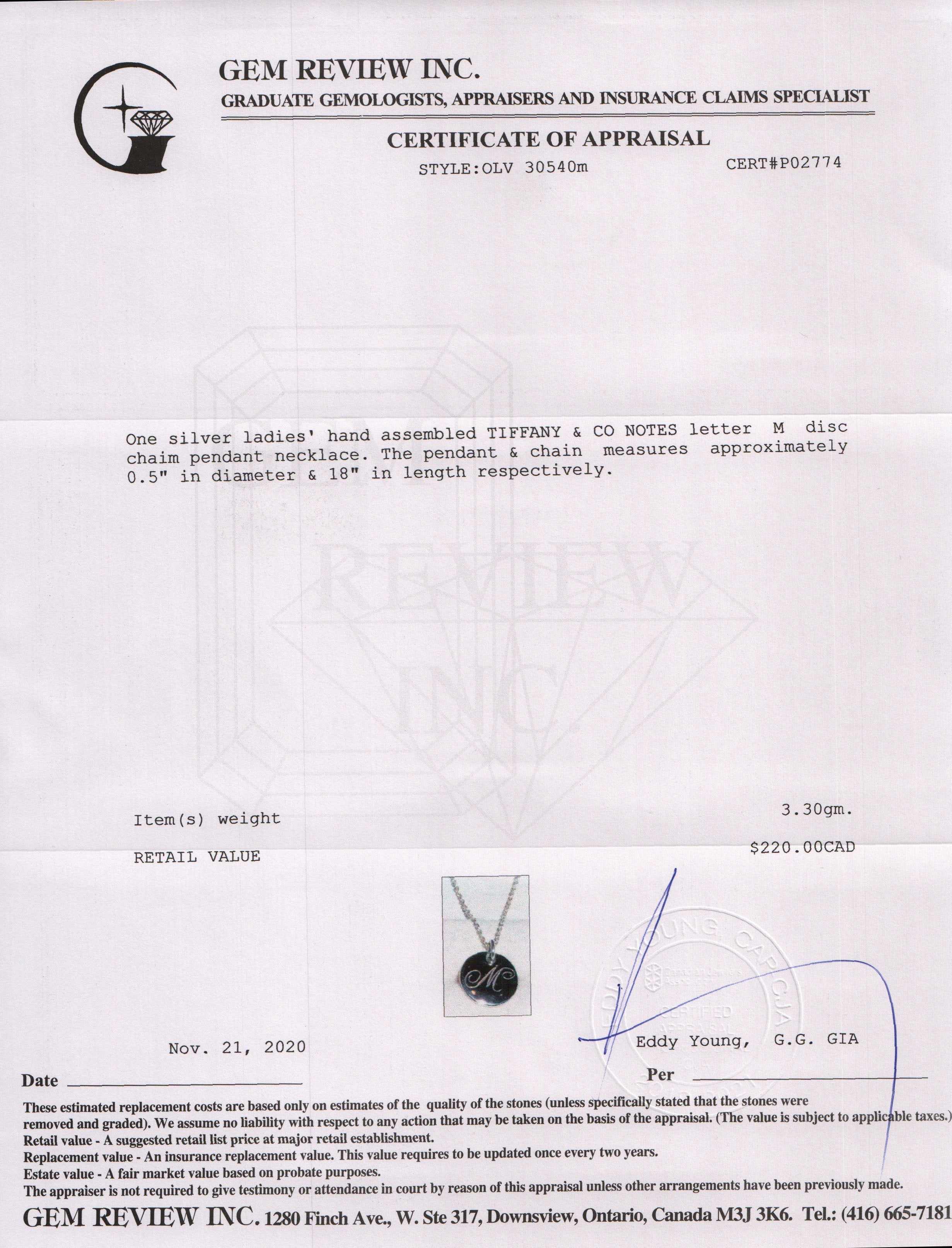Tiffany & Co. Notes Letter 'M' Disc Charm Pendant Necklace