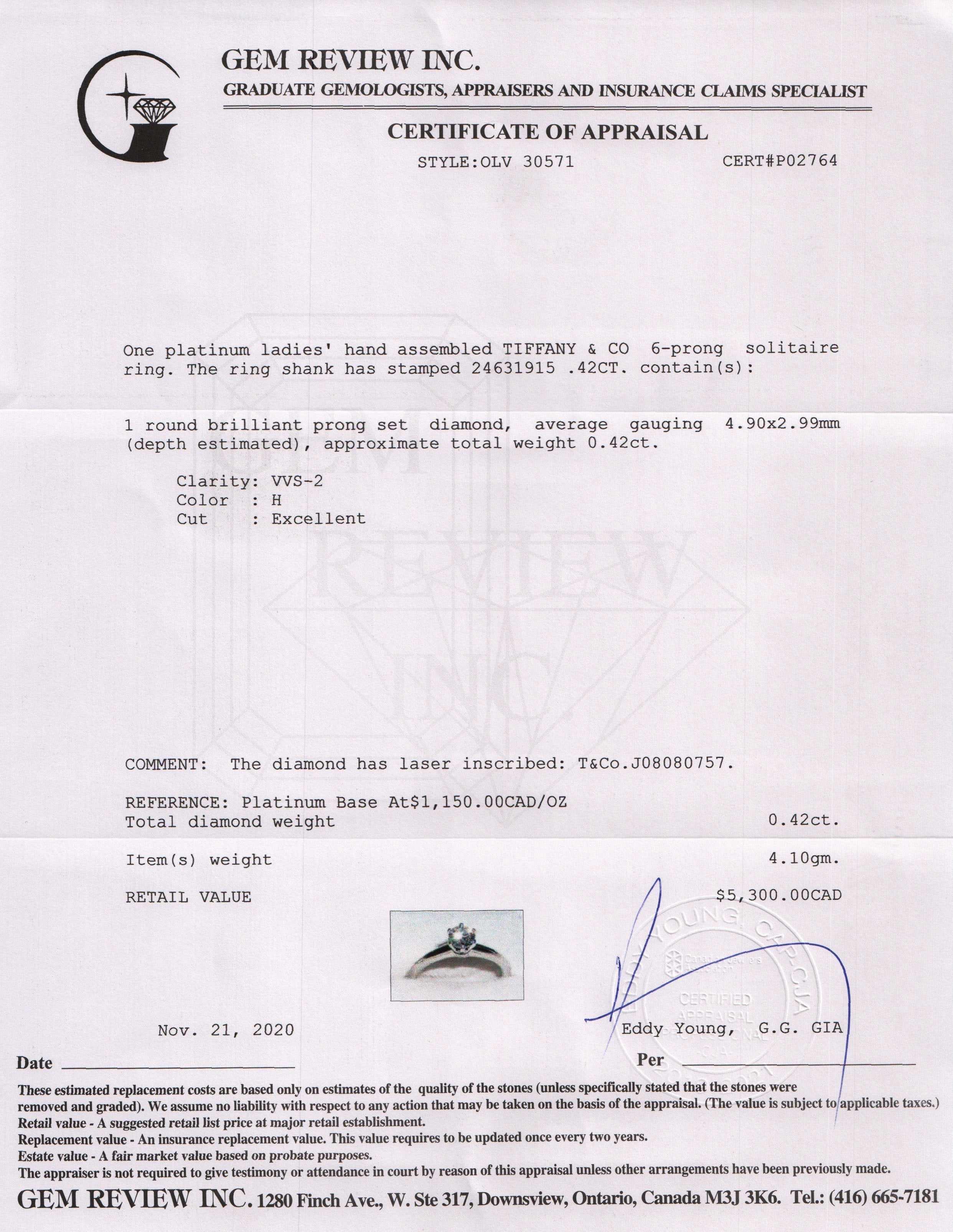 Tiffany & Co. Solitaire 0.42 ct. Round Diamond Engagement Ring