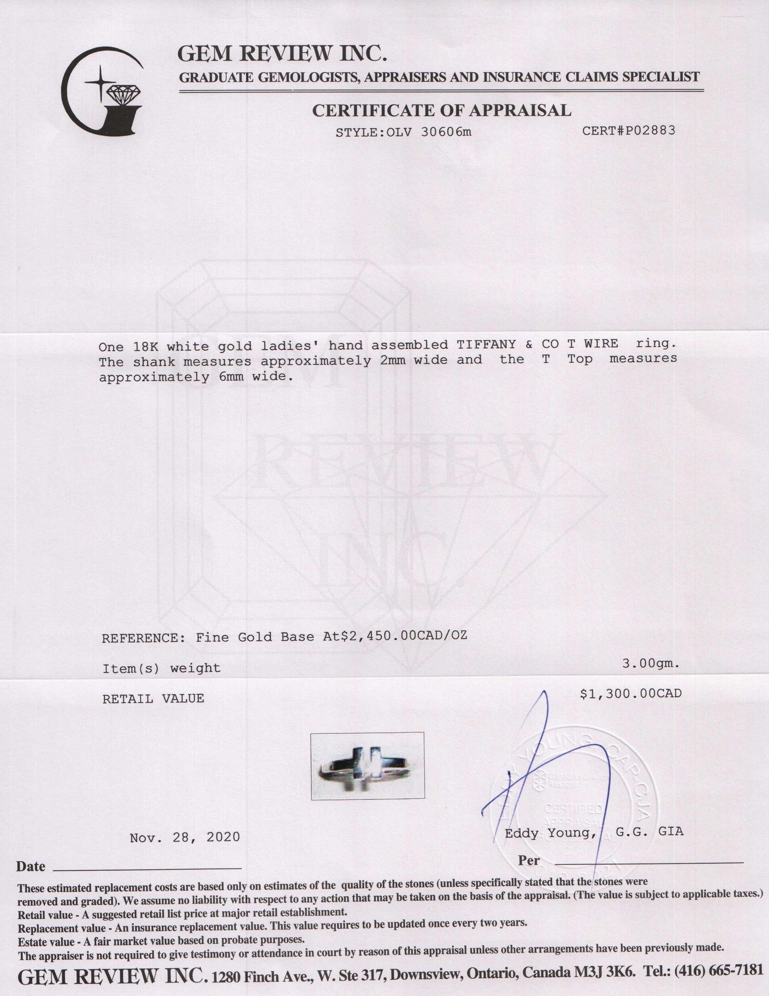 Tiffany & Co. 18k White Gold T Wire Ring