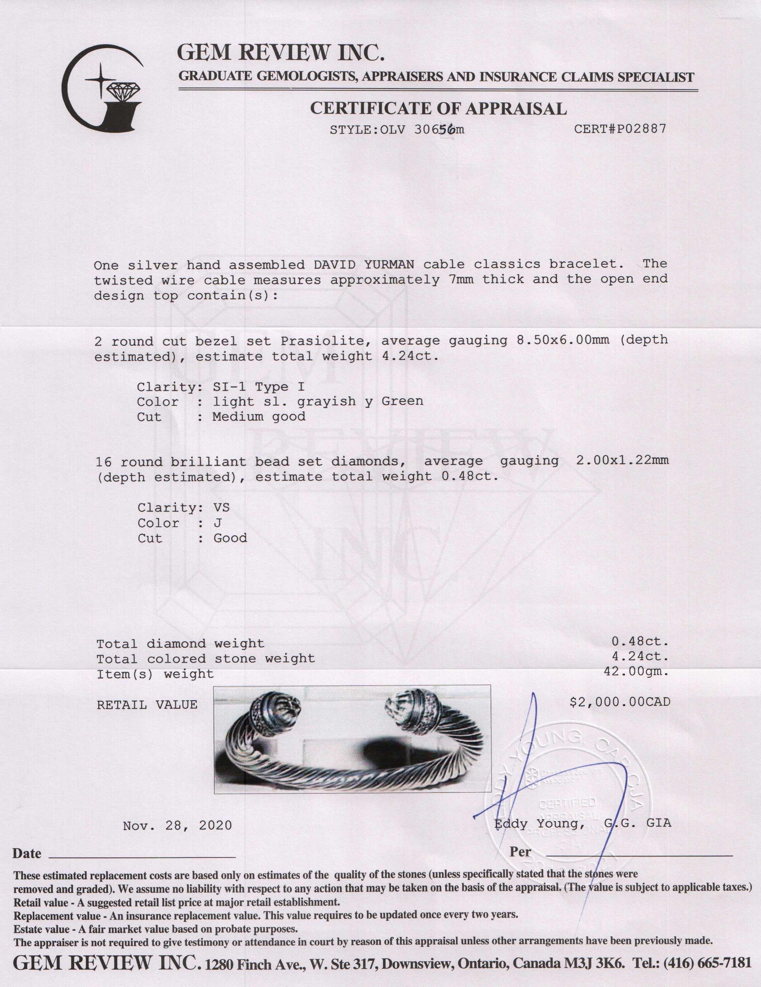 David Yurman Cable Classics Bracelet with Prasiolite and Diamonds