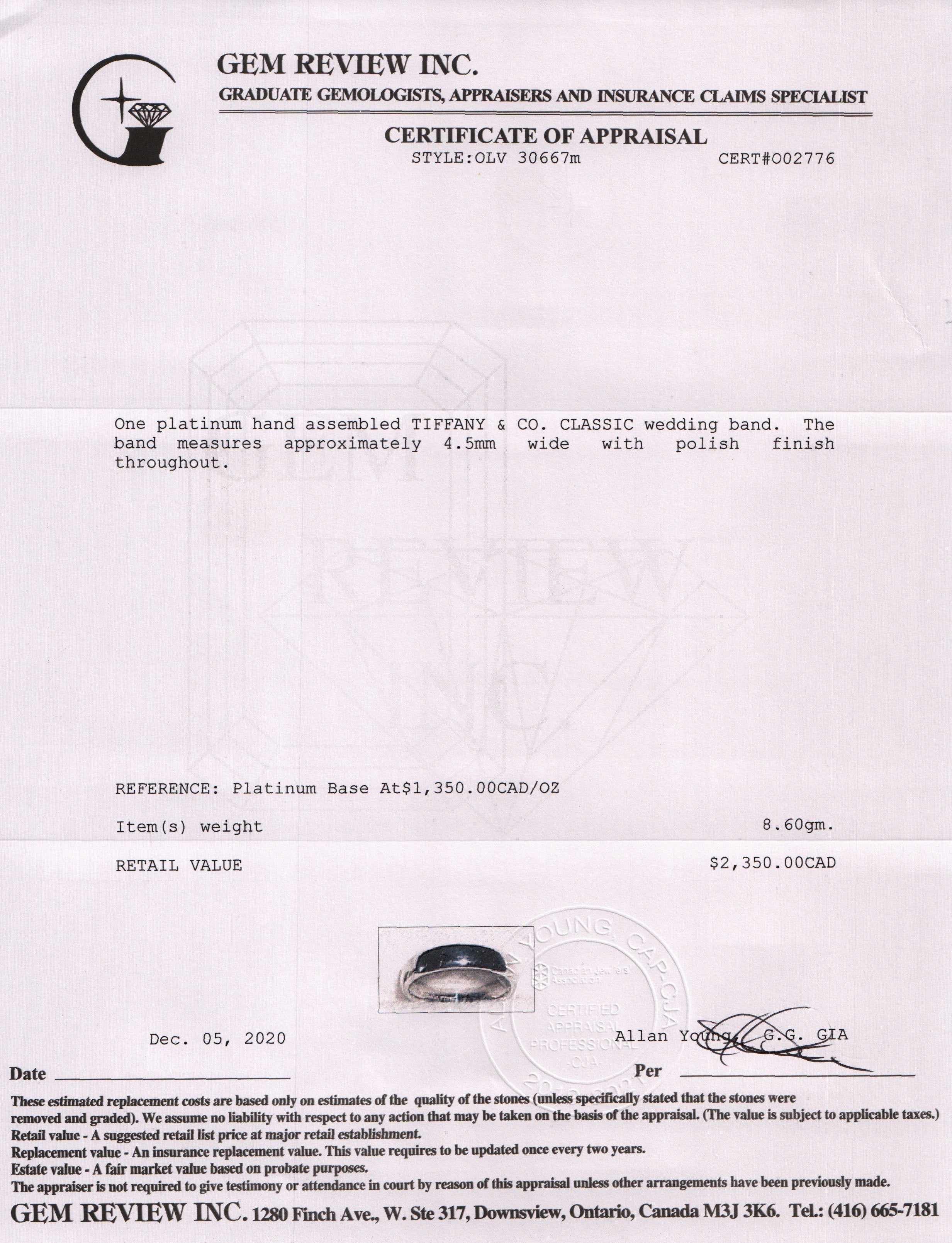 Tiffany & Co. Classic Platinum Band Ring