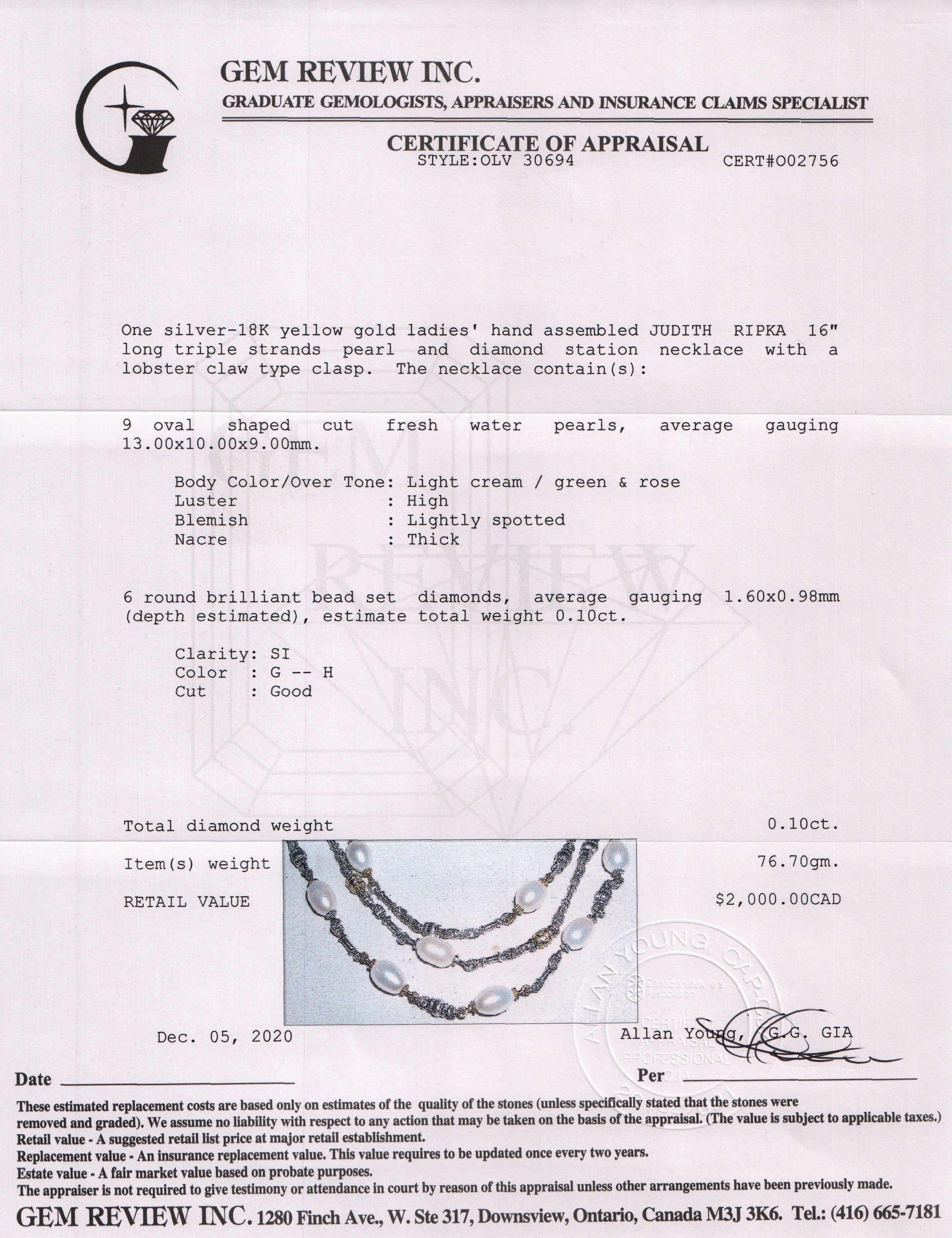 Judith Ripka Triple Strand Pearl and Diamond Station Necklace