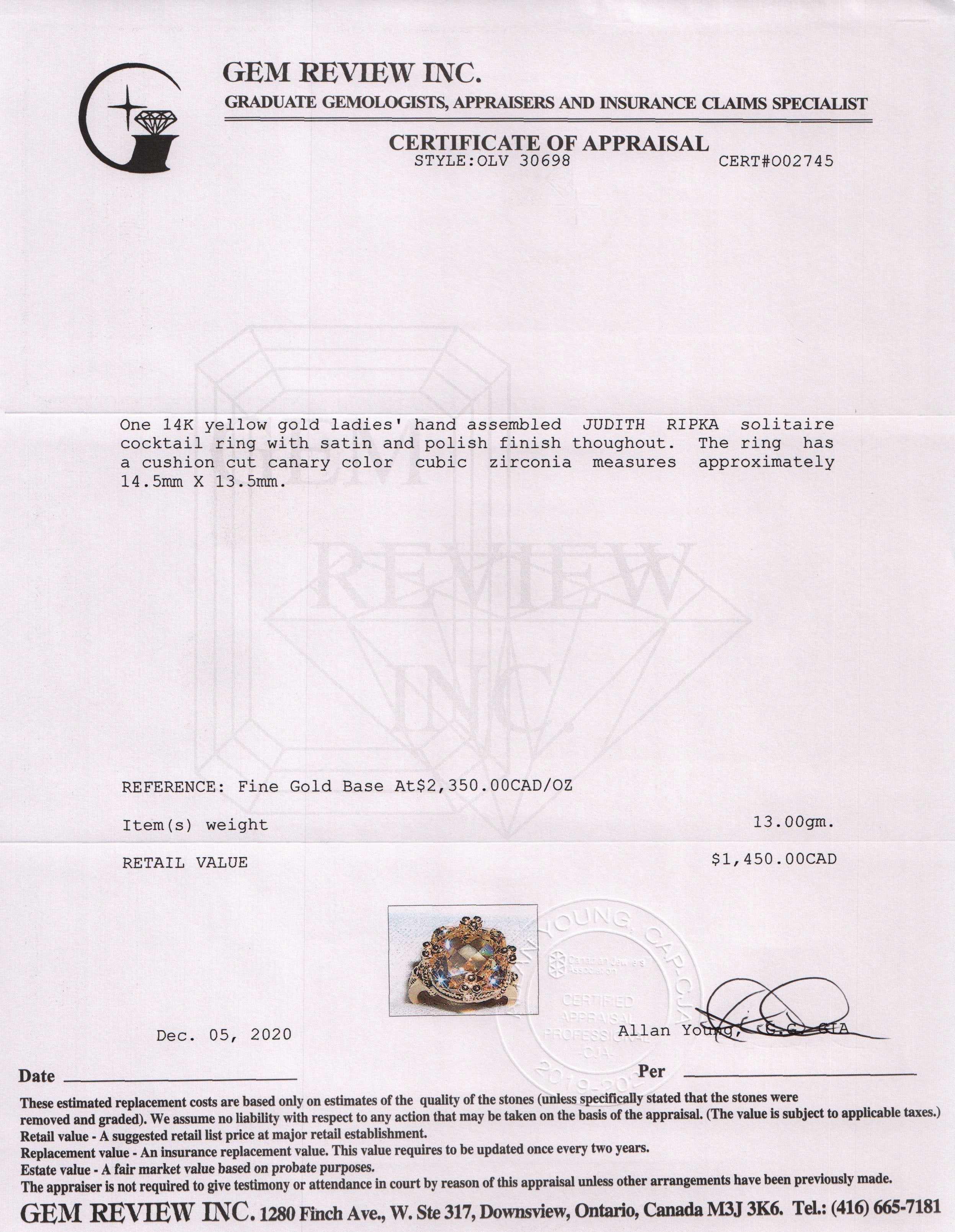 Judith Ripka Canary Crystal Cocktail Ring