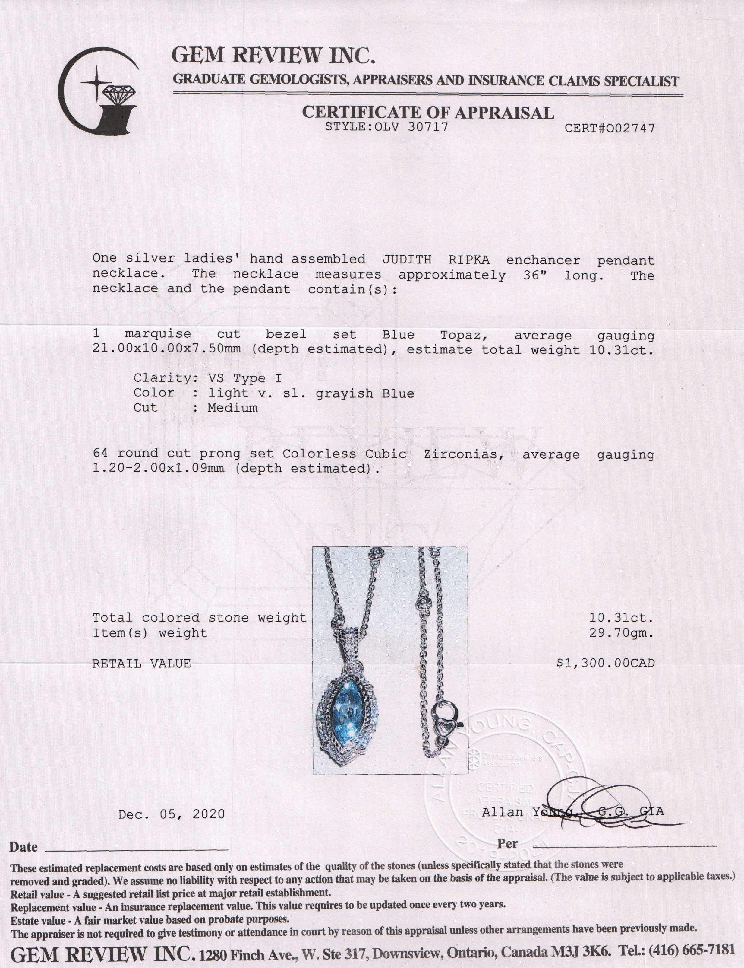 Judith Ripka Blue Topaz Marquise Enhancer Pendant Necklace