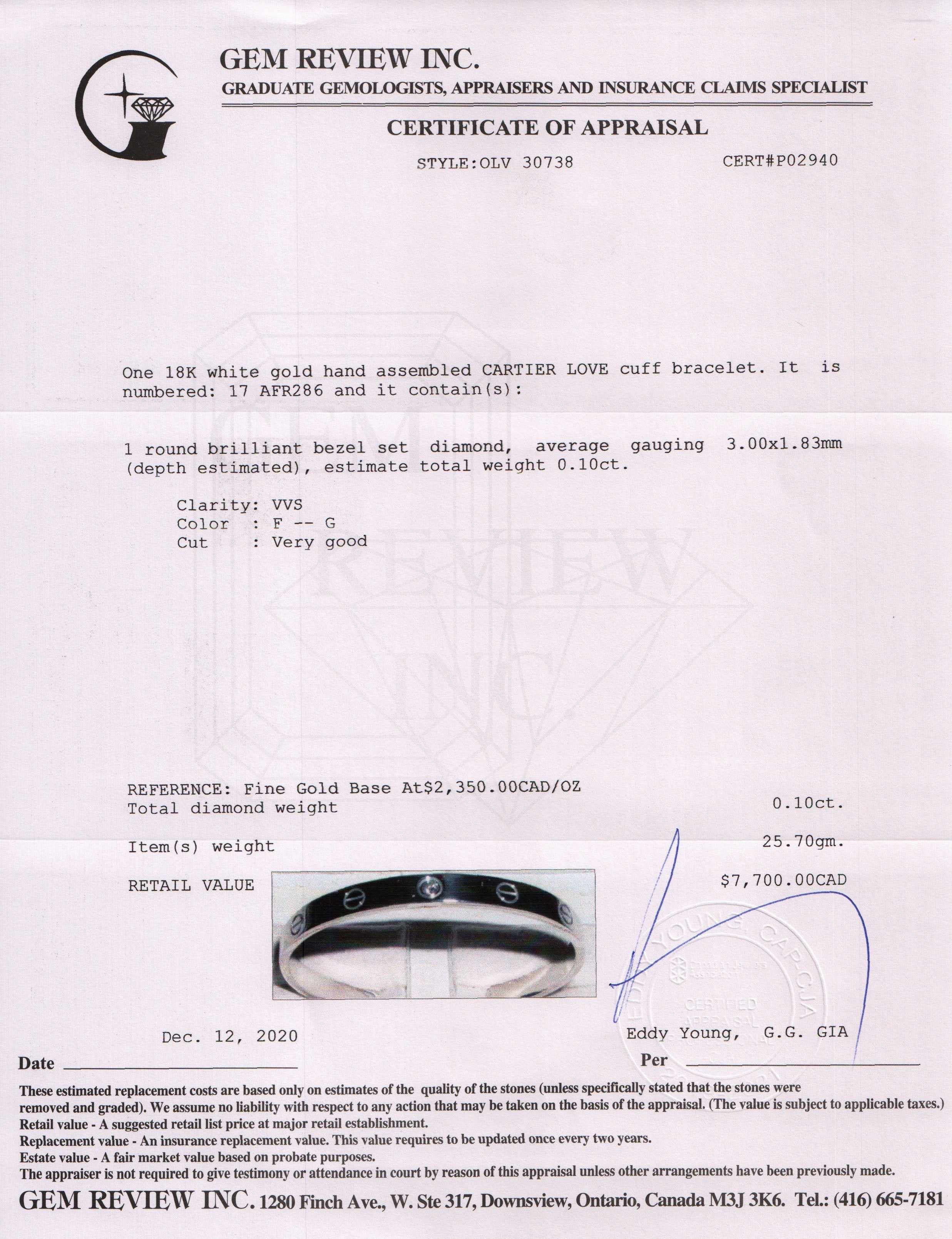 Cartier 18k White Gold Diamond Love Cuff Bracelet w/ Box