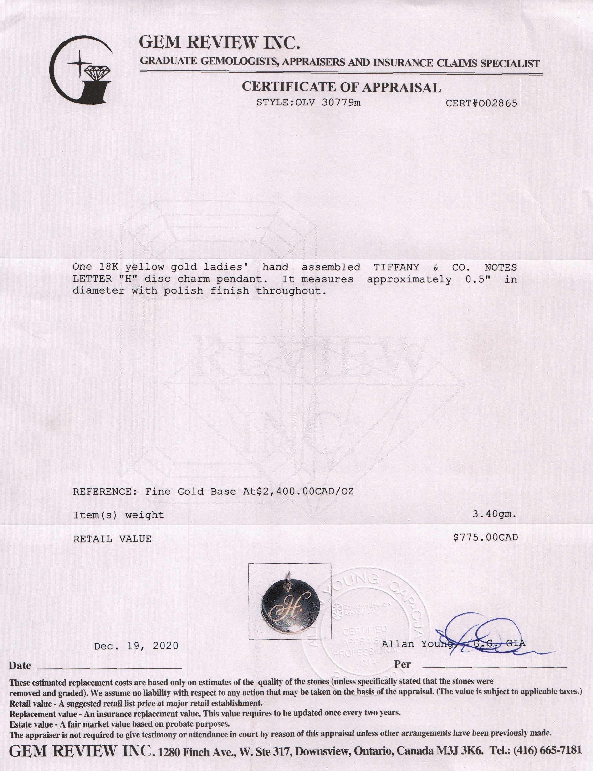 Tiffany & Co. 18k Gold Notes Letter 'H' Disc Charm Pendant