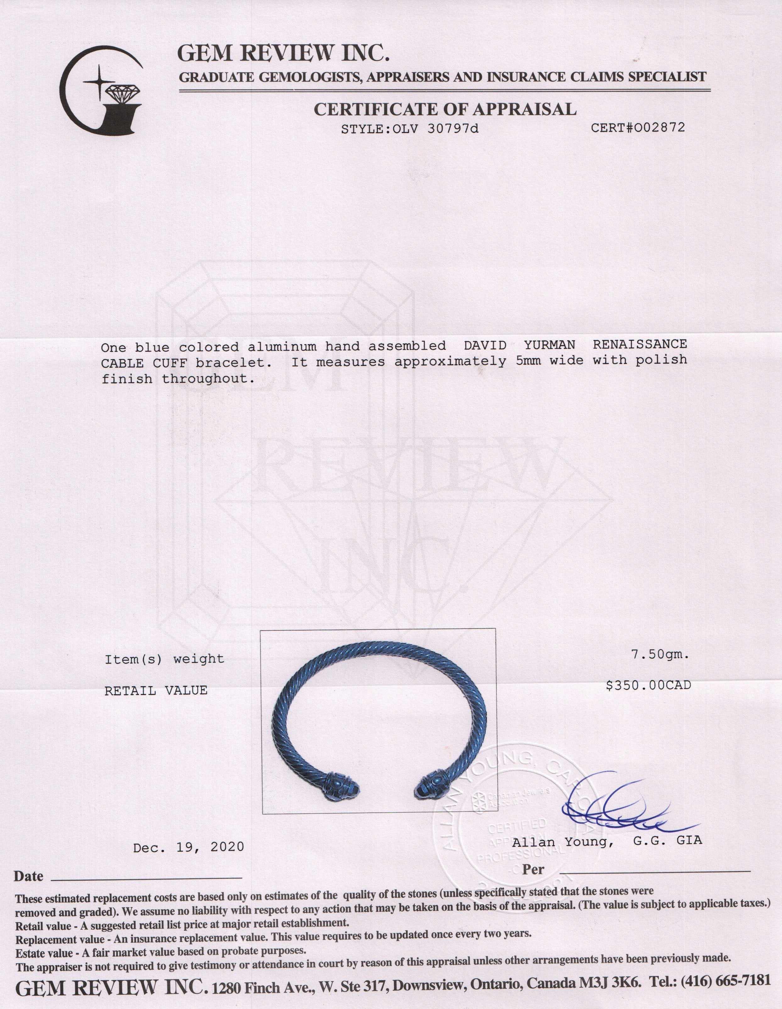 David Yurman Blue Aluminum Renaissance Cable Bracelet