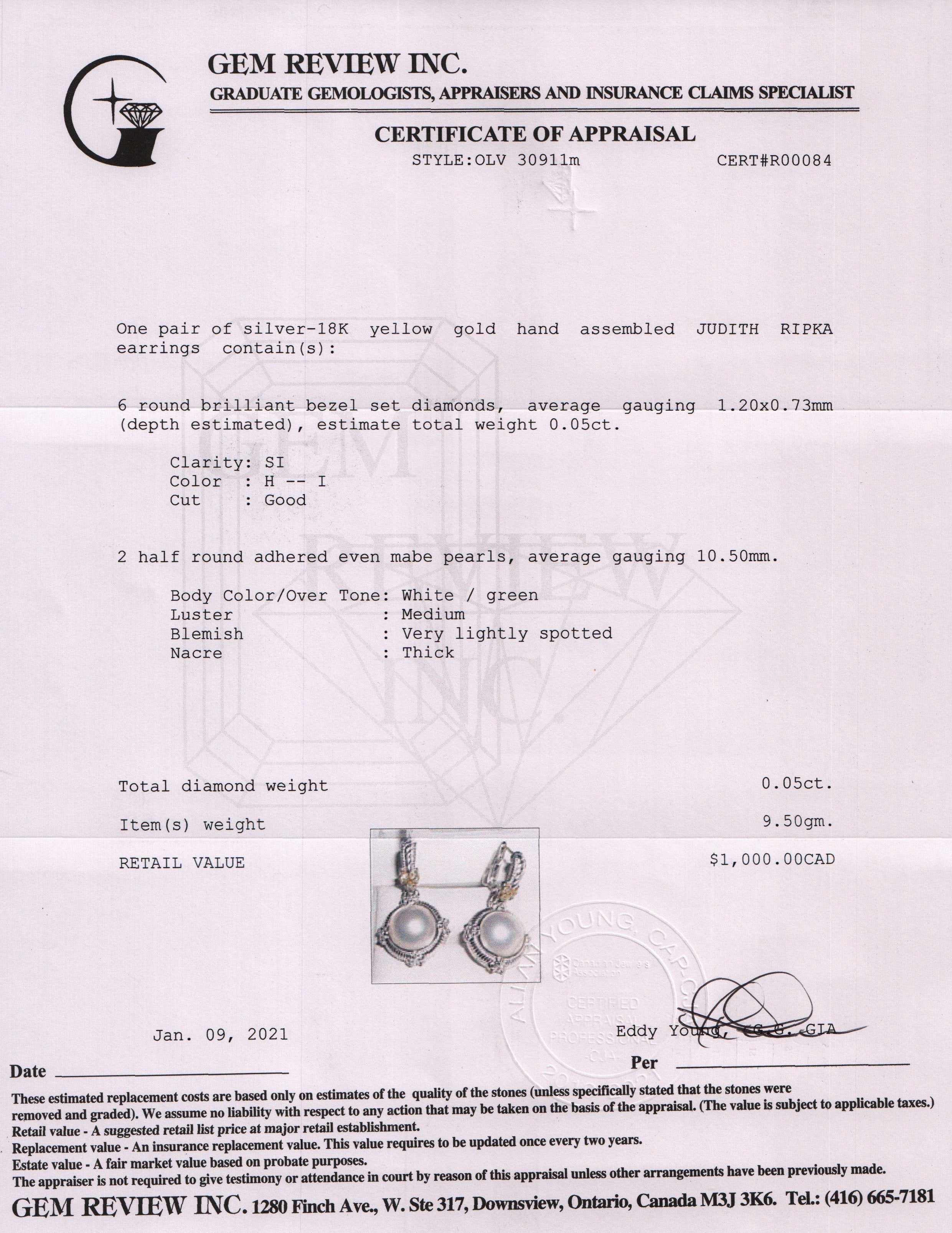 Judith Ripka Mabe Pearl and Diamond Drop Earrings