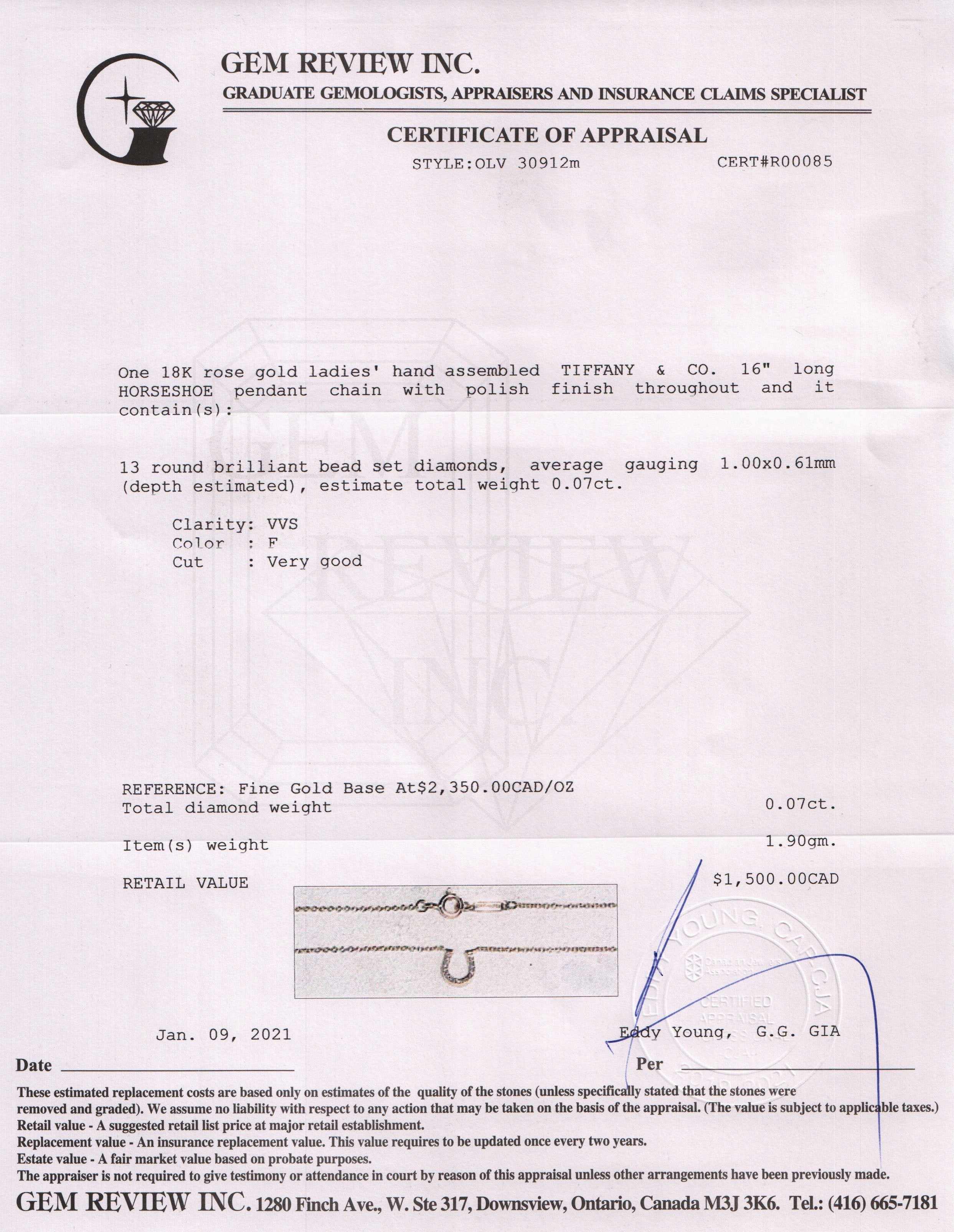 Tiffany & Co. 18k Rose Gold Diamond Horseshoe Pendant Necklace