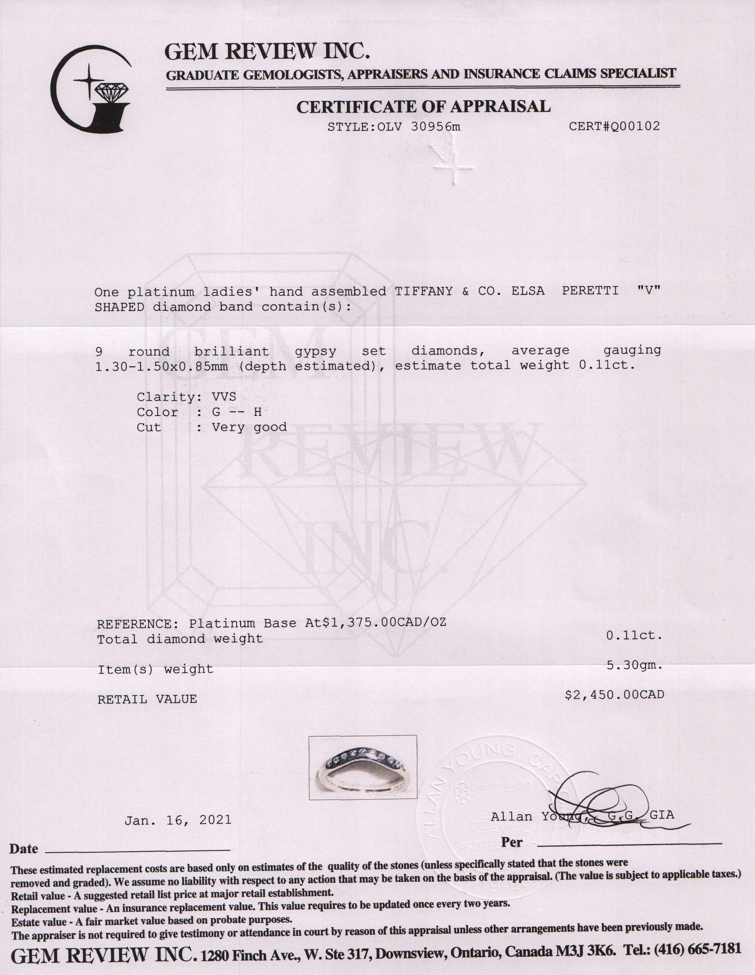 Tiffany & Co. Elsa Peretti Platinum & Diamond Wedding Band Ring